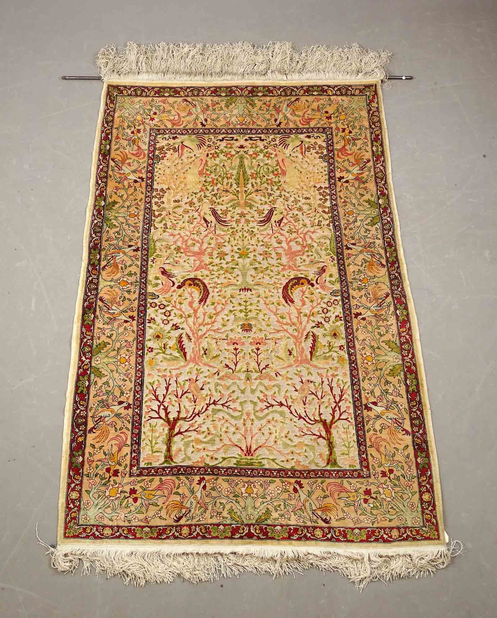 Silk Rug: Turkish silk rug "Tree of Life". Prepared as a wall hanging. 3' 2" x 5'.