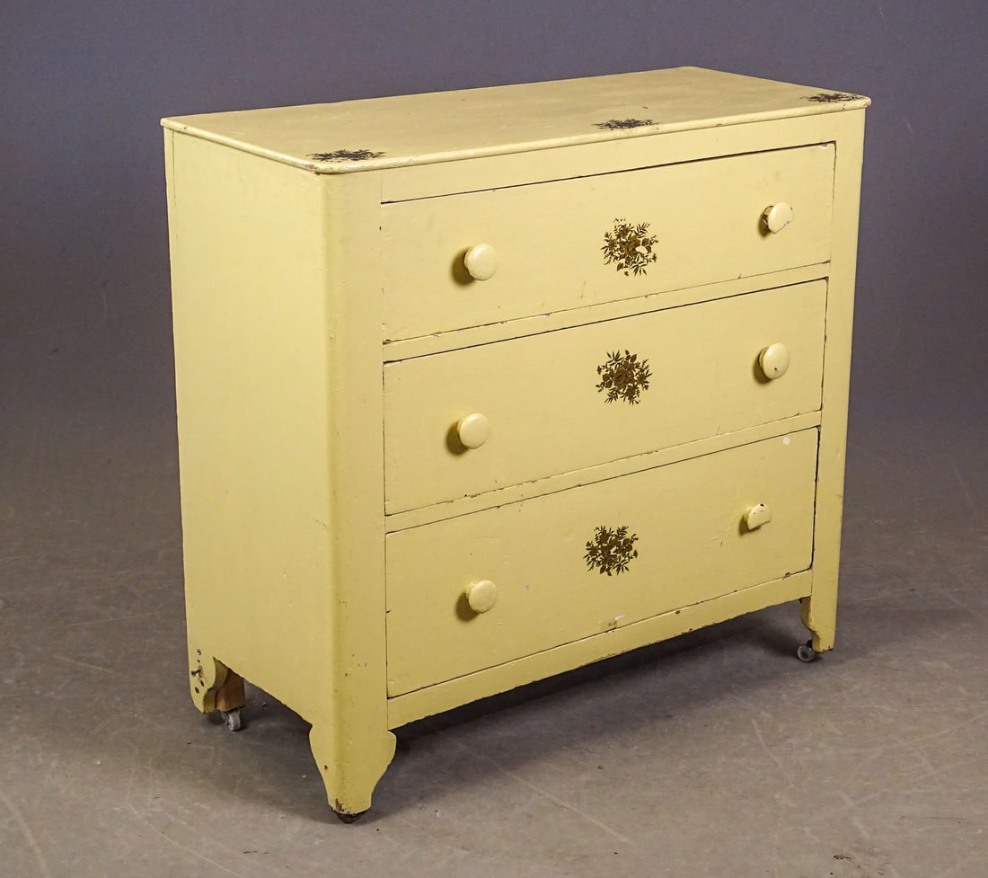 19th c. Cottage Pine Chest: 19th c. cottage pine three drawer chest. 34 1/2" x 15 1/2" x 32 1/2" Ht..