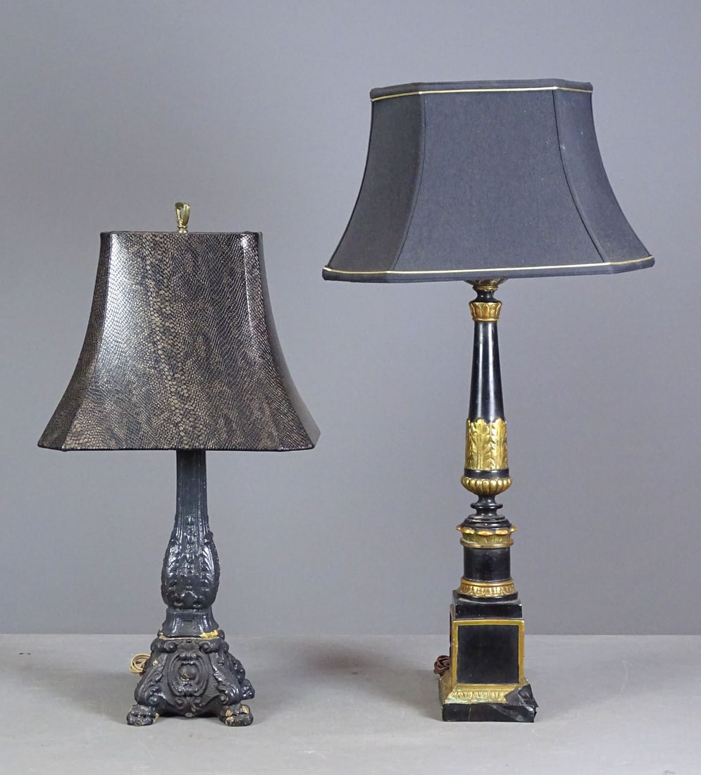 Table Lamp Lot: Table lamp lot including: Tall French Column base (33" Ht.), paw foot column base (27" Ht.). Both as is.