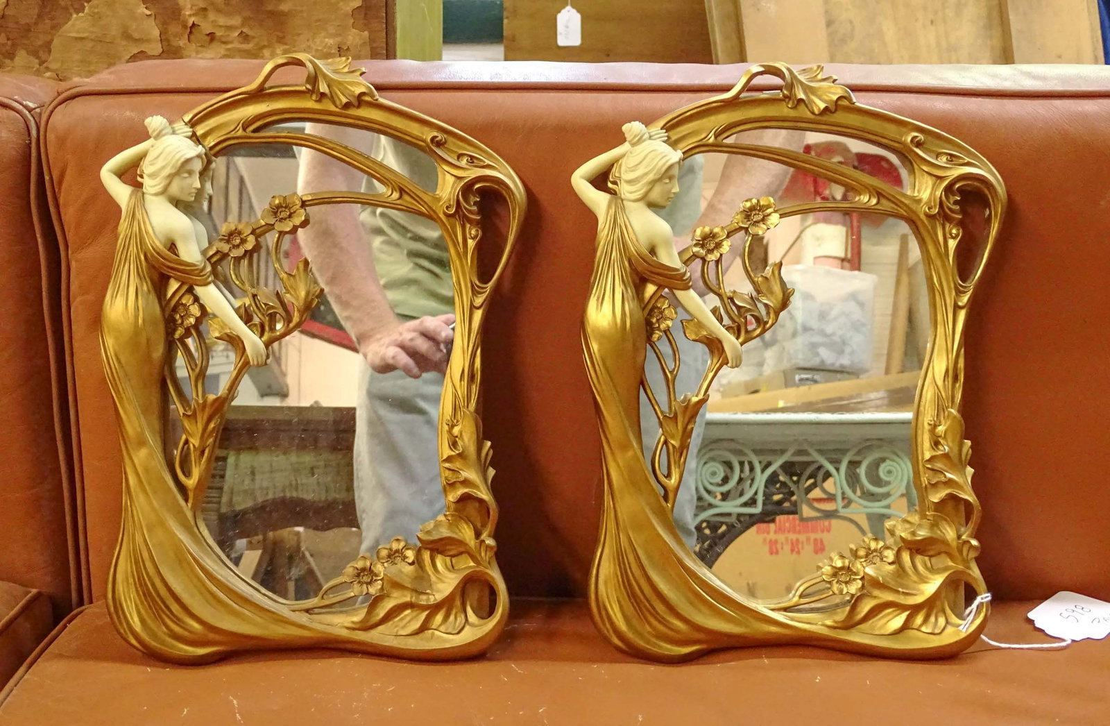 Pair of Art Nouveau Style Mirrors: Pair of Art Nouveau contemporary mirrors. 13" Ht..
