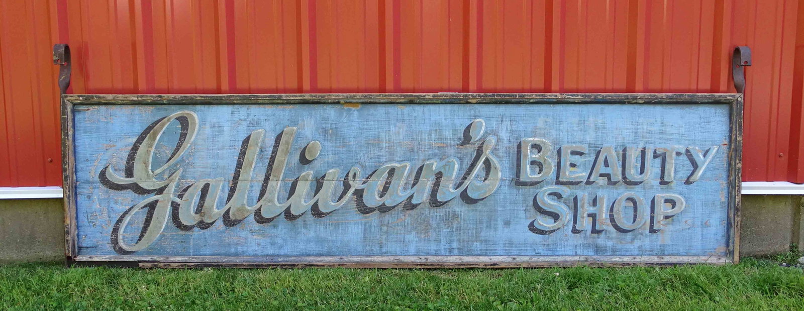 Trade Sign: Wooden two side sign "GALLIANS BEAUTY SHOP". 25 1/2" x 97".