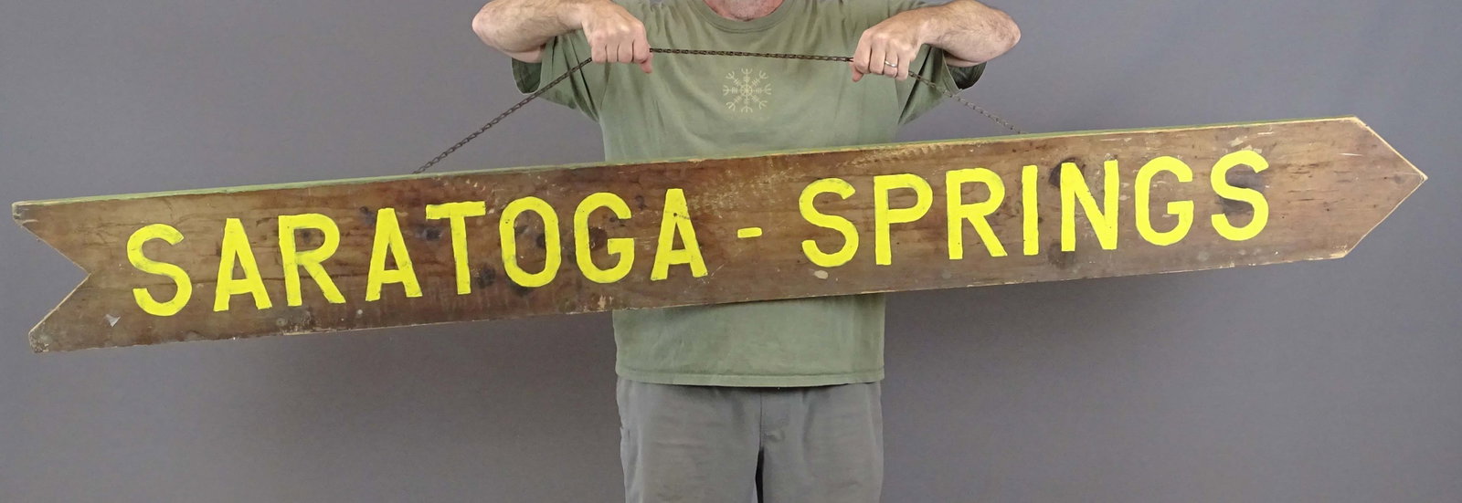 Saratoga Springs Sign: Wooden painted sign "SARATOGA SPRINGS". 9 1/2" x 88".