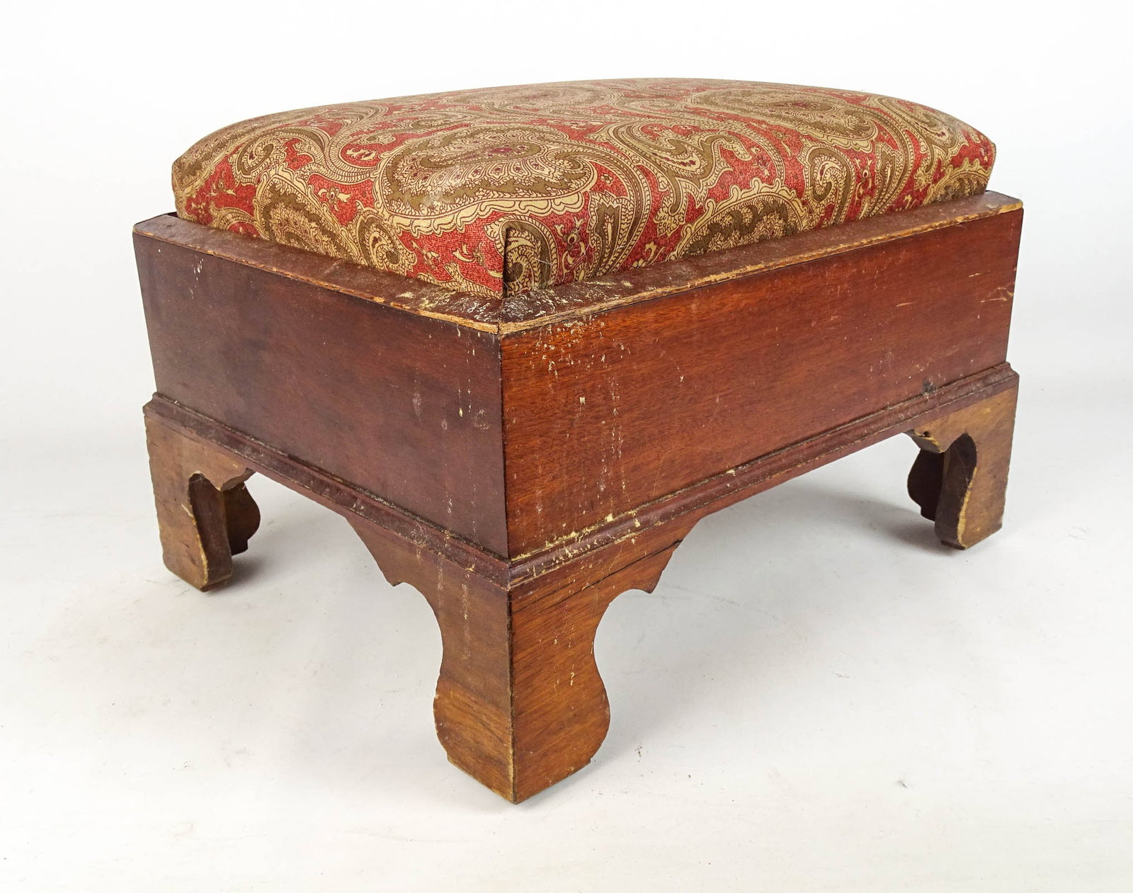 19th c. Stool: 19th c. bracket base stool with upholstered top. 19" x 15" x 13".