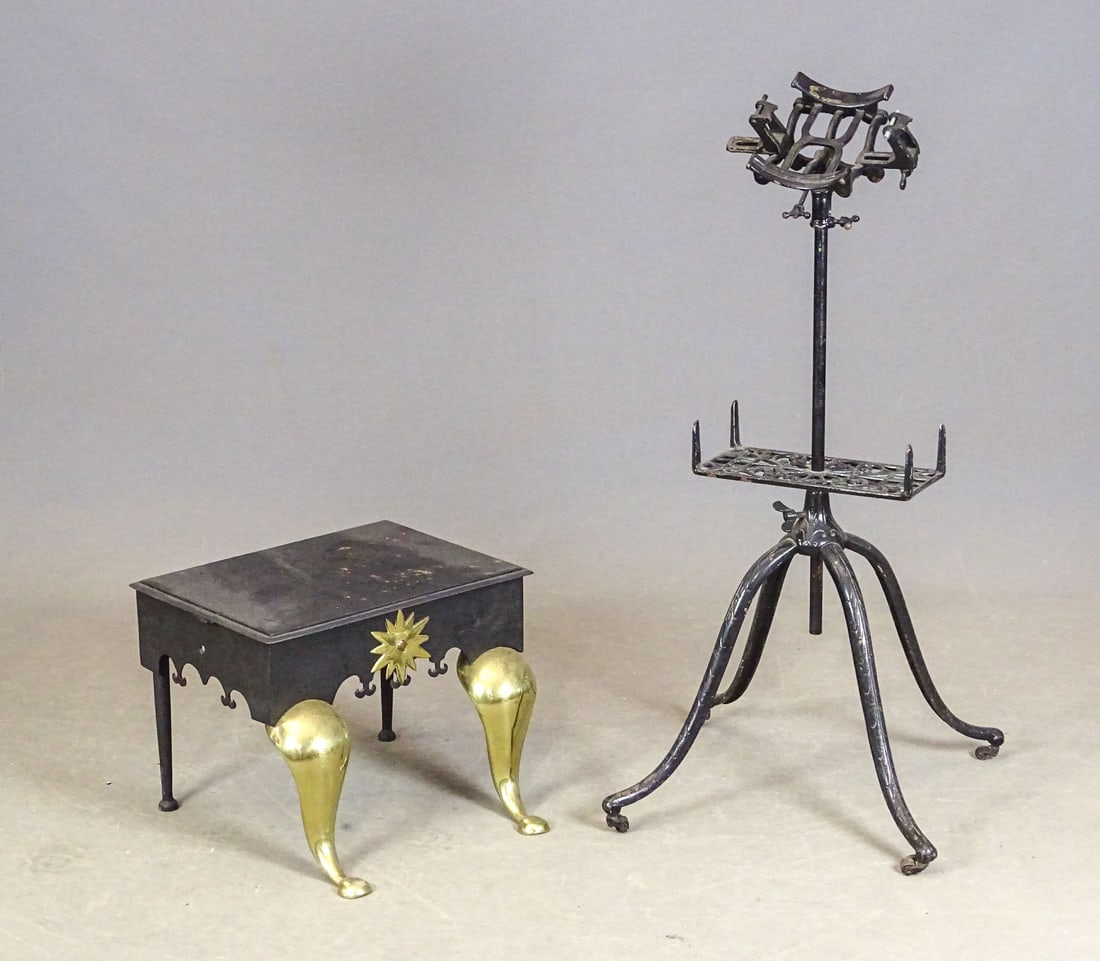 Trivet & Iron Book Stand Lot: Lot including brass and iron trivet (16" x 12" x 12"), and iron book stand base (38" Ht.).