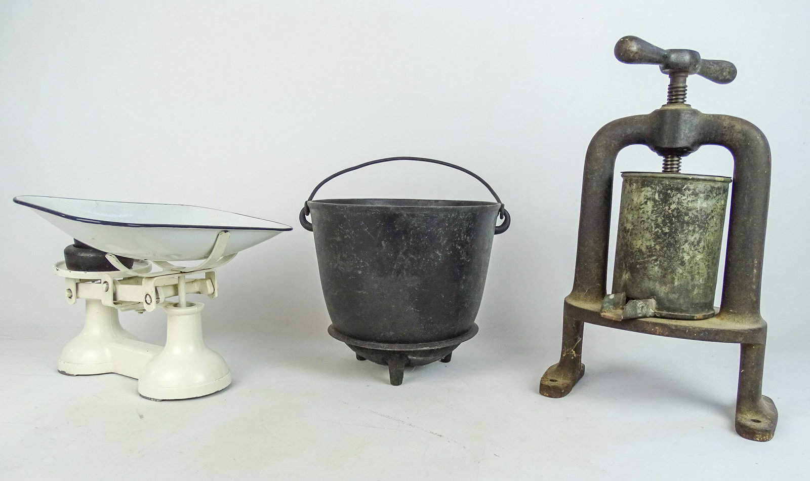 Misc. Lot: Lot including: Vintage scale "THE VIKING" (10" W., 8" Ht.), early iron masher marked "A. PARIS C. COLLAS" (16 1/2" Ht.), tri-foot swing handle iron pot (10" D., 9" Ht.).