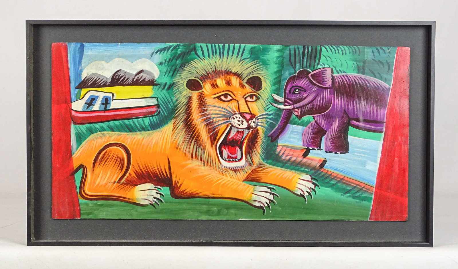 Painting on Tin of Lion and Elephant: Painting on tin of lion and elephant. Overall in frame 15" x 27".