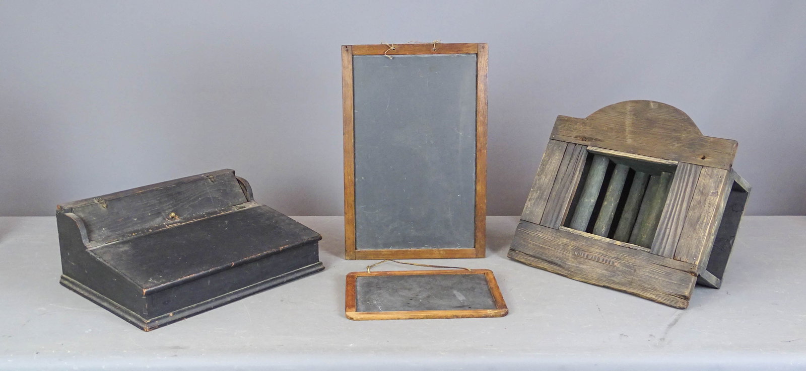 Misc. Lot: Misc. lot including: Early desk box (15 1/2" x 12 1/2" x 6 1/2" Ht.), (2) blackboards (largest 18" x 11 1/2"), wooden sculpture "HIDE AND SEEK" (15 1/2" x 15 1/2" x 5 1/2").