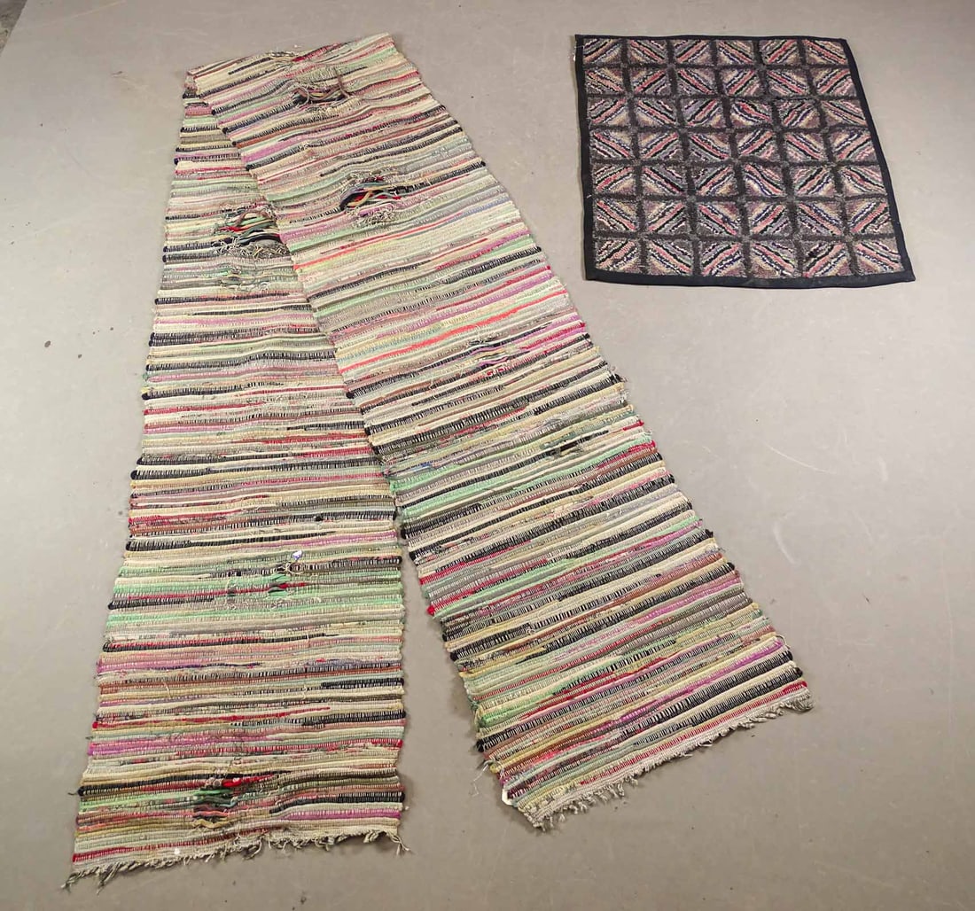 Hooked Rug & Rag Runner Lot: Lot including: Early geometric hooked rug (32" x 35"), rag runner (as found), 24" x 14' 3".