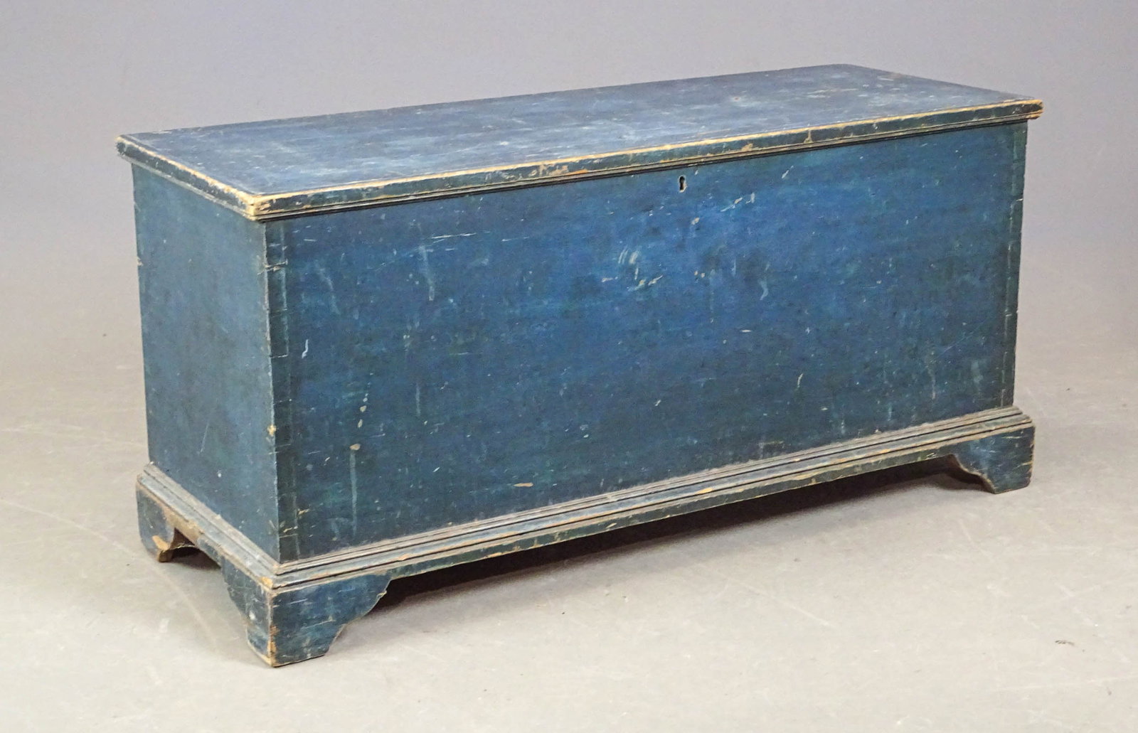 19th c. Blanket Box: 19th c. blanket box in old blue paint. 43" x 16 1/2" x 22" Ht.. Lid loose.