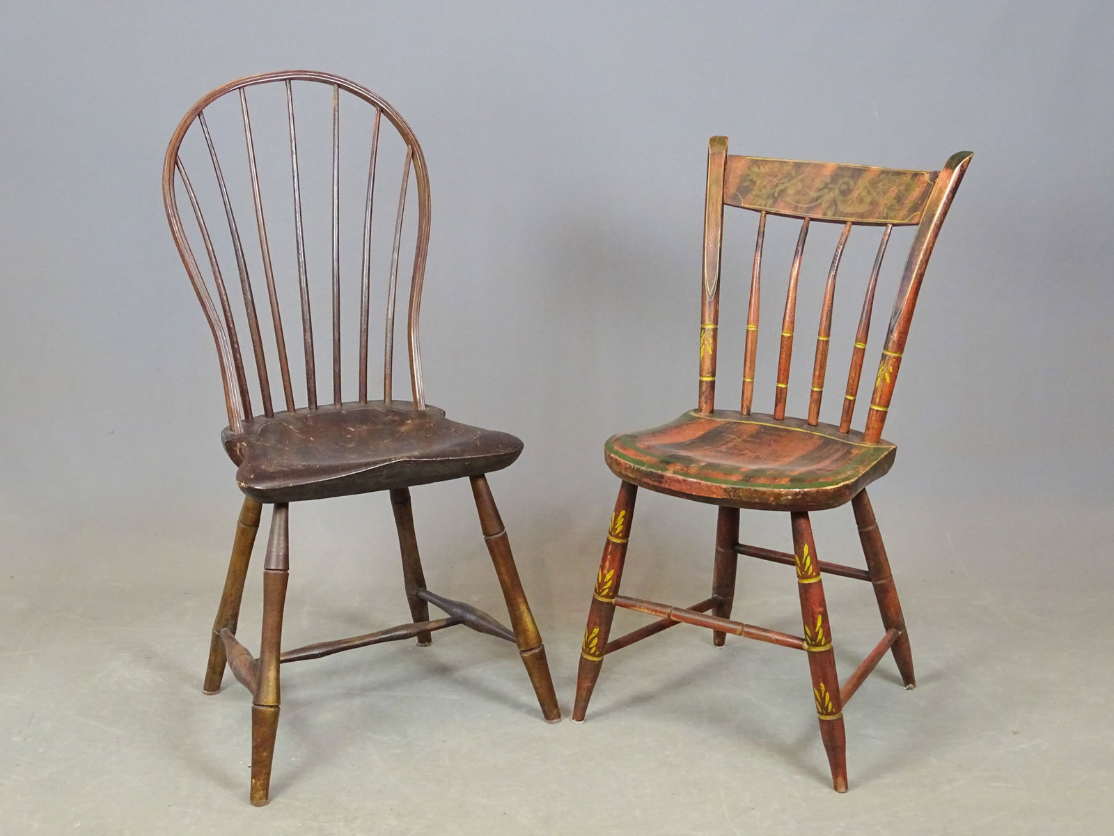 Early Chair Lot: Lot including: 19th c. paint decorated chair (18" seat Ht., 34" overall Ht.), 19th c. Bowback Windsor chair (18" seat Ht., 38" overall Ht.).