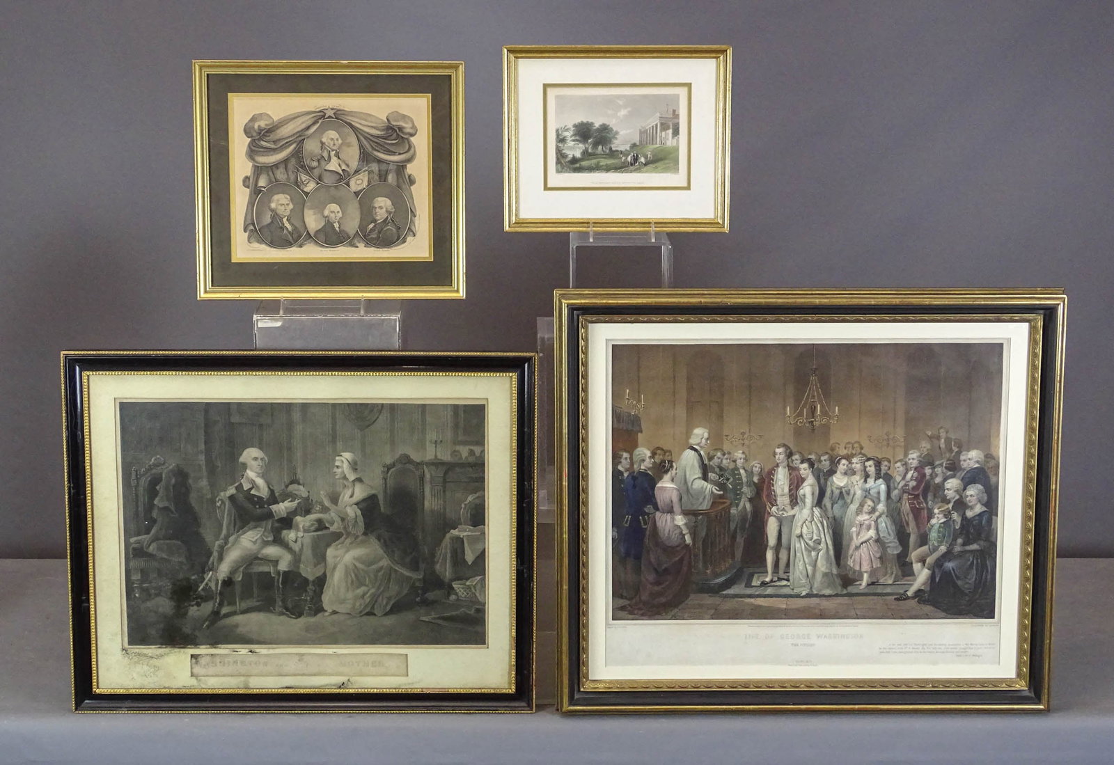 Assorted Washington Artwork: Assorted artwork lot including: "LIFE OF WASHINGTON THE CITIZEN" (overall in frame 25 1/2" x 30"), "WASHINGTON AND HIS MOTHER" (as is, overall in frame 22 1/2" x 28"), "WASHINGTON'S HOUSE, MOUNT