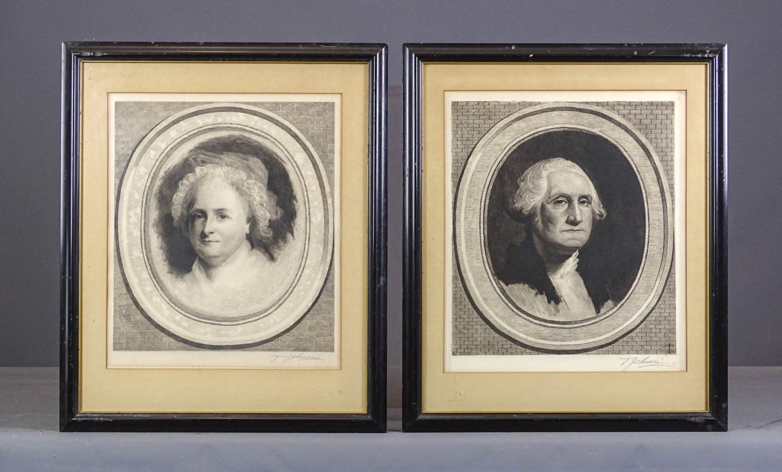 T. Johnson (2) Washington Prints: George and Washington prints pencil signed "T. Johnson". Overall in frames 21" x 18".