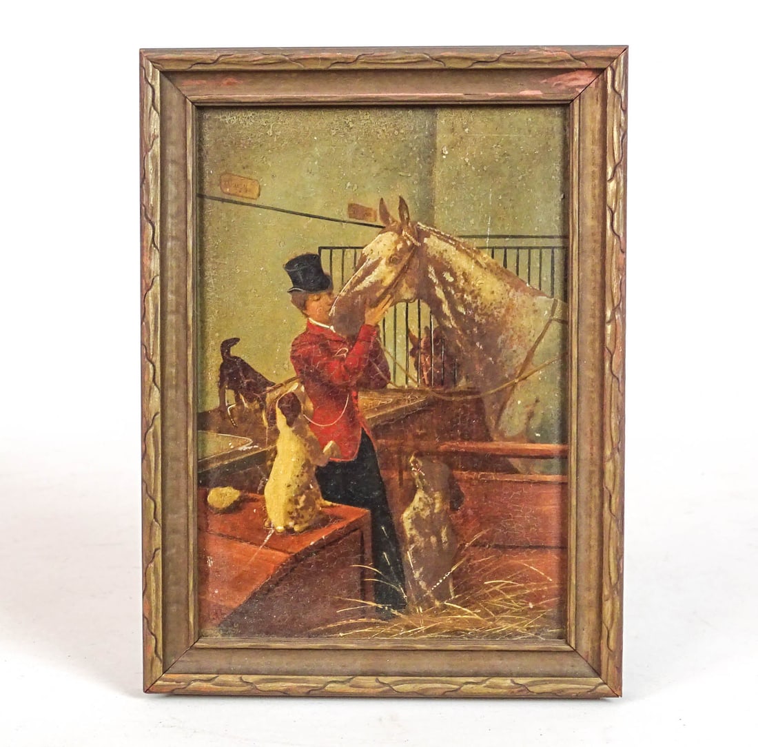 Painting: Women With Horse and Dogs: Painting: Woman with horse and dogs. Oil on panel. Overall 8 1/2" x 6".