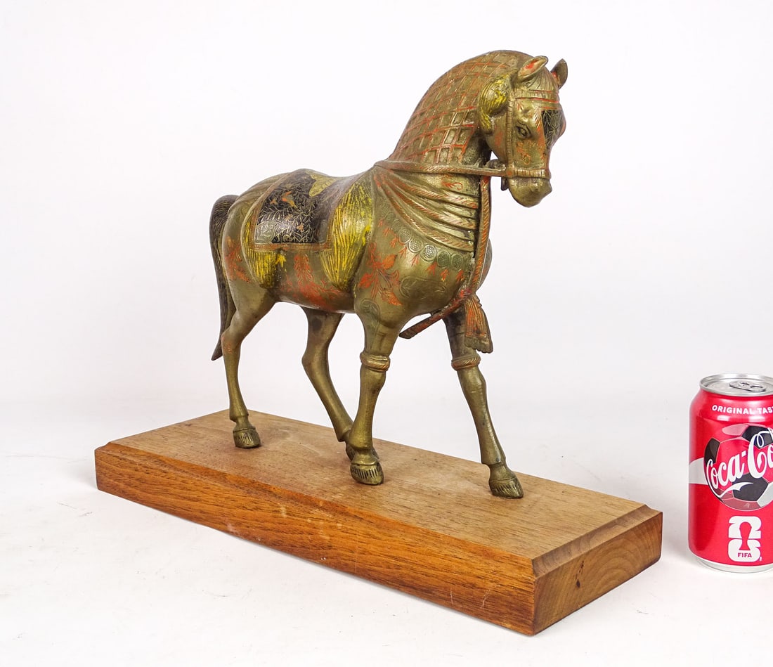 Brass Asian Horse: Brass Asian horse on solid wooden base. Overall on base 17" x 6" x 14".