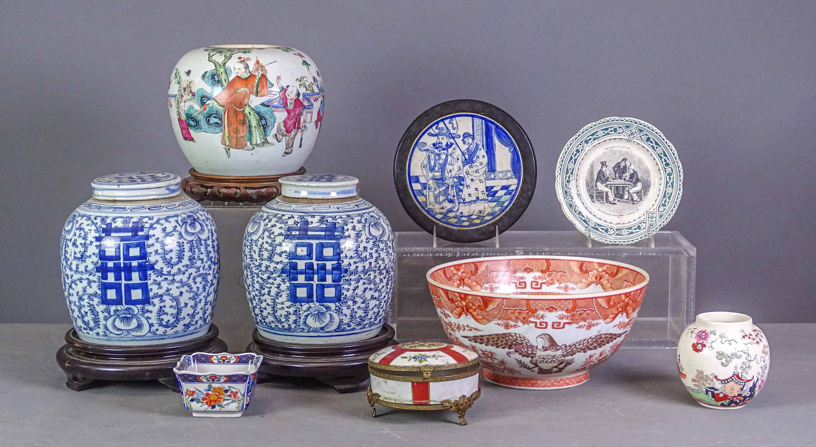 Asian Pottery Lot: Lot including pair of Asian ceramic Ginger jars on wooden bases (11 1/2" Ht. on stands), Ginger Jar on stand, French plate (as is), enameled dresser box, Asian bowl.