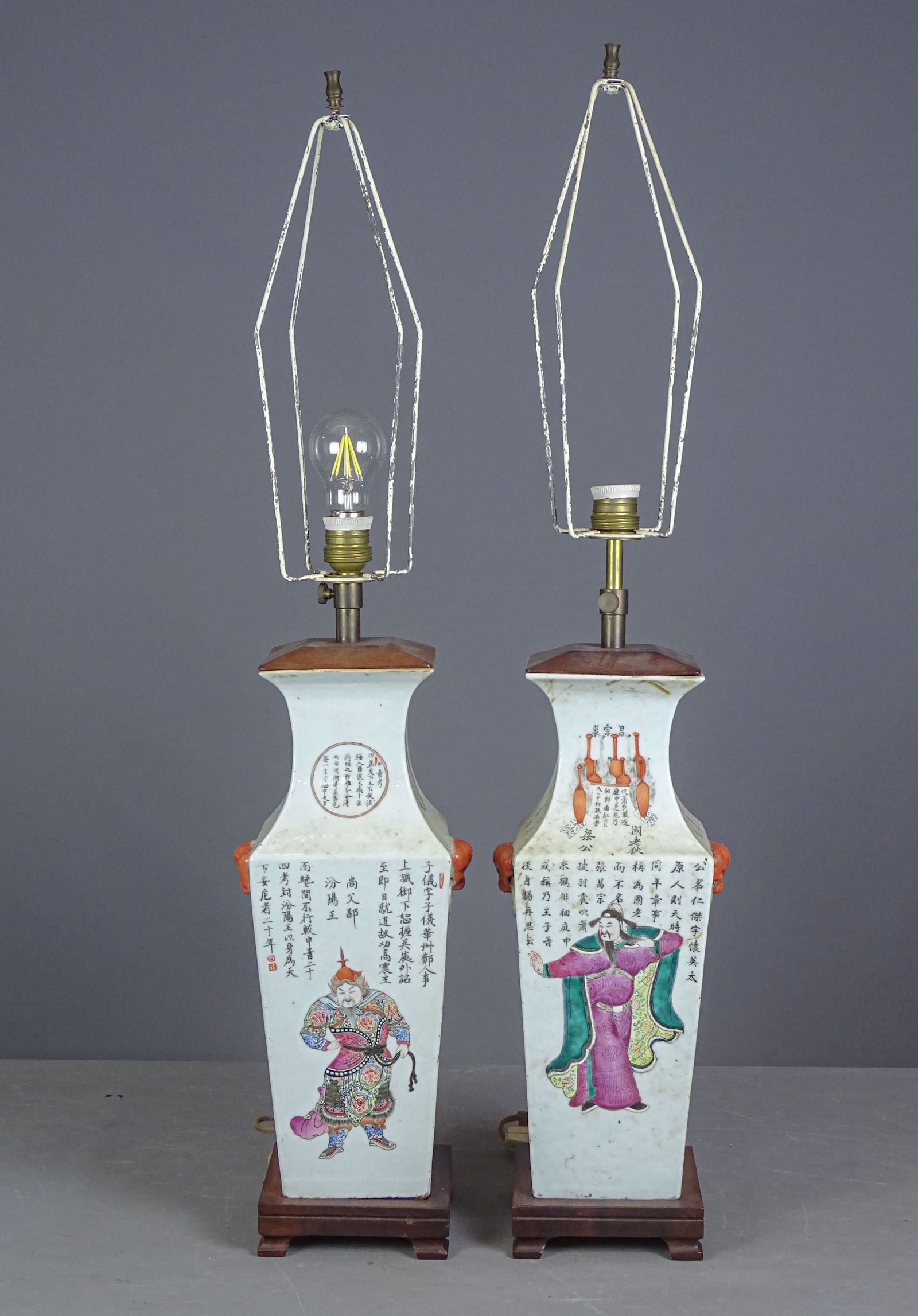 Pair of Chinese Lamps: Pair of Chinese ceramic lamps. No shades. 36" overall Ht..
