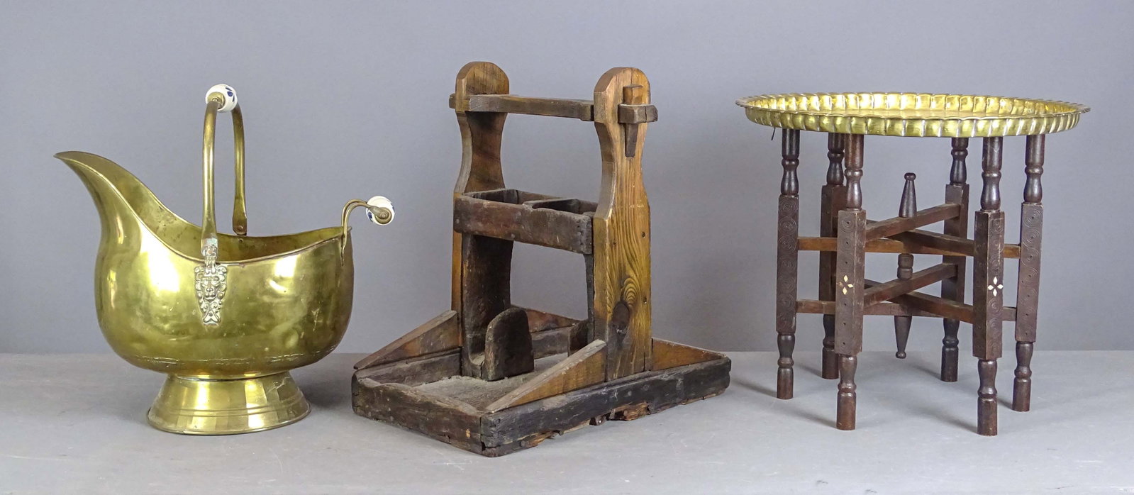 Brass Tray on Stand Lot: Lot including brass tray on folding wooden stand (18" D., 17" Ht.), brass coal bucket (as is, 16" L., 18" Ht., as is base damaged), tool hod (18" x 12" x 20").