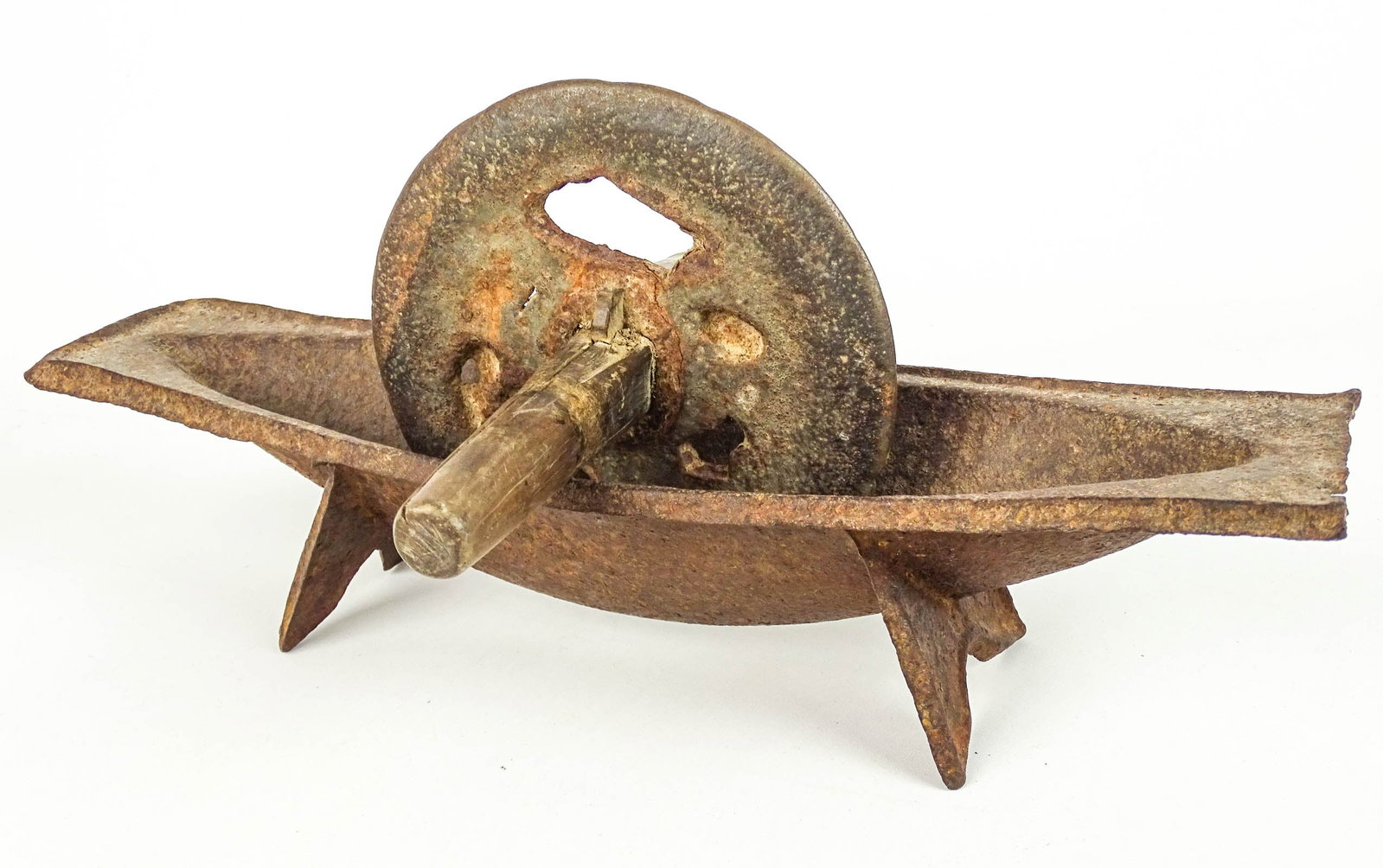 19th c. Crescent Shaped Herb Grinder: 19th c. cast iron Crescent shaped herb grinder. 17" x 5" x 7" Ht..