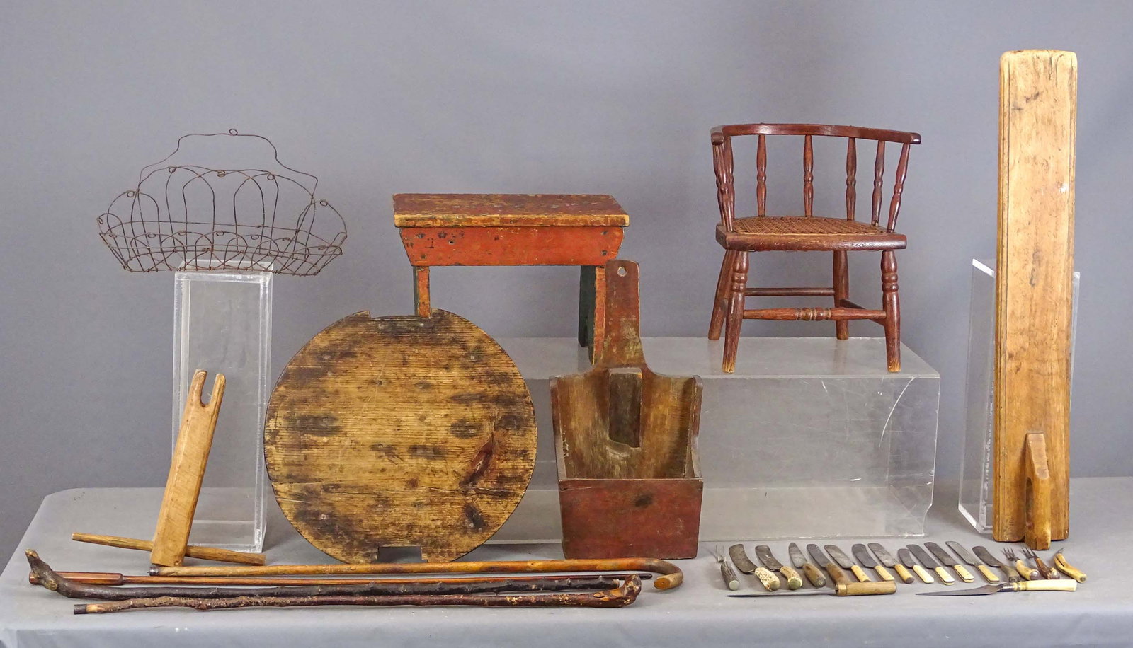 19th c. Child's Chair Lot: Lot including: 19th c. child's Windsor chair with cane seat. 13" x 12" x 16" Ht., bootjack painted bench (17" x 9" x 11" Ht.)., wooden sheet flattener (34" L.), wooden wall box (9 1/2" x 4 1/2" x 21"
