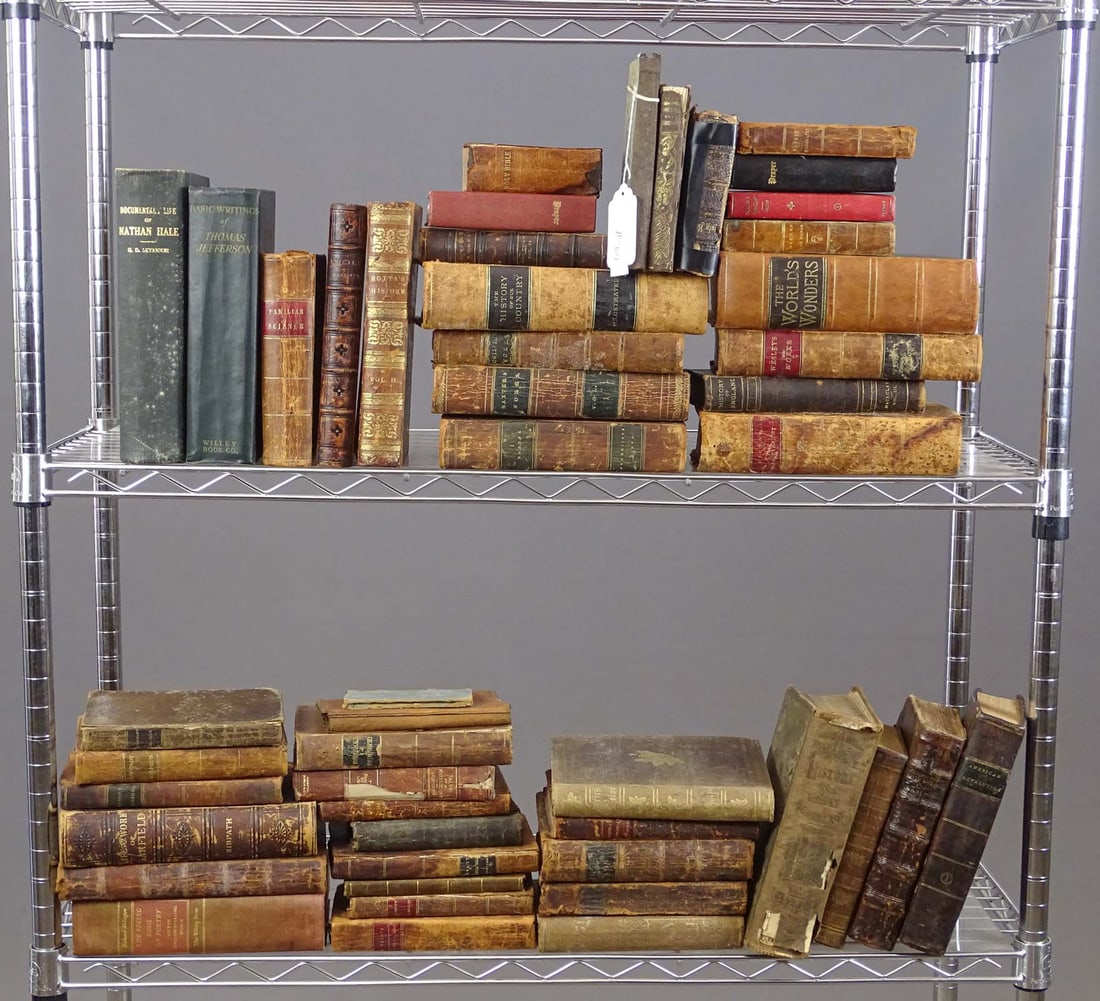 Early Book Lot: Large lot of early assorted leather bound and misc. books including: "THE TASK A POEM" (1845), 1844 New England Almanac, early Religious book, "MURRAY'S EXCERCISES" (1830), "VIE DE WASHINGTON", "A