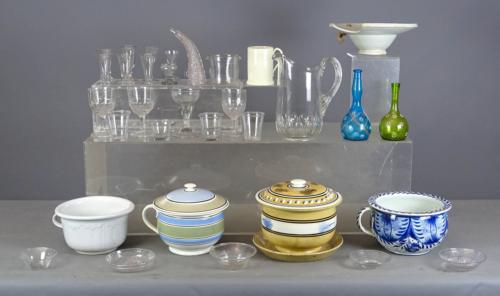 Early Glassware Lot: Lot of early glass tumblers, stemware, pitcher (10" Ht.), Delft chamber pot (9 1/2" D.), soft paste lidded pot (9" D.).