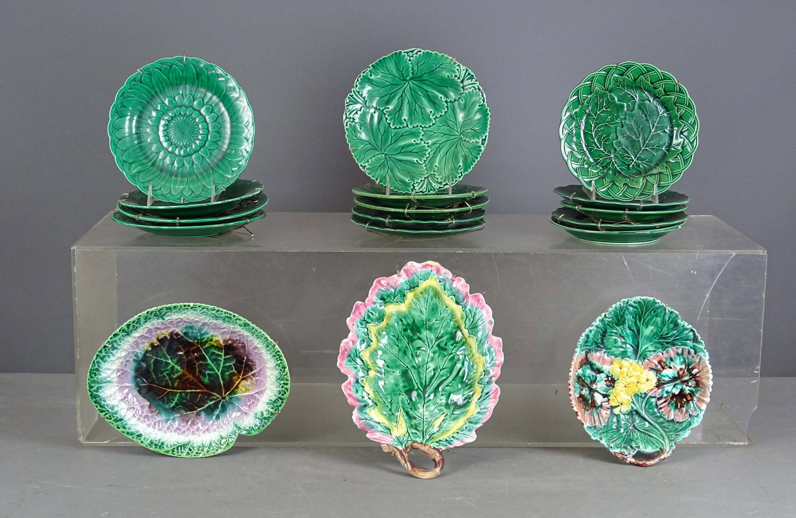Majolica Lot: Lot of early Majolica including plates (one marked Wedgwood), Etruscan dish (13" L.), leaf dish (12" D.). Imperfections.