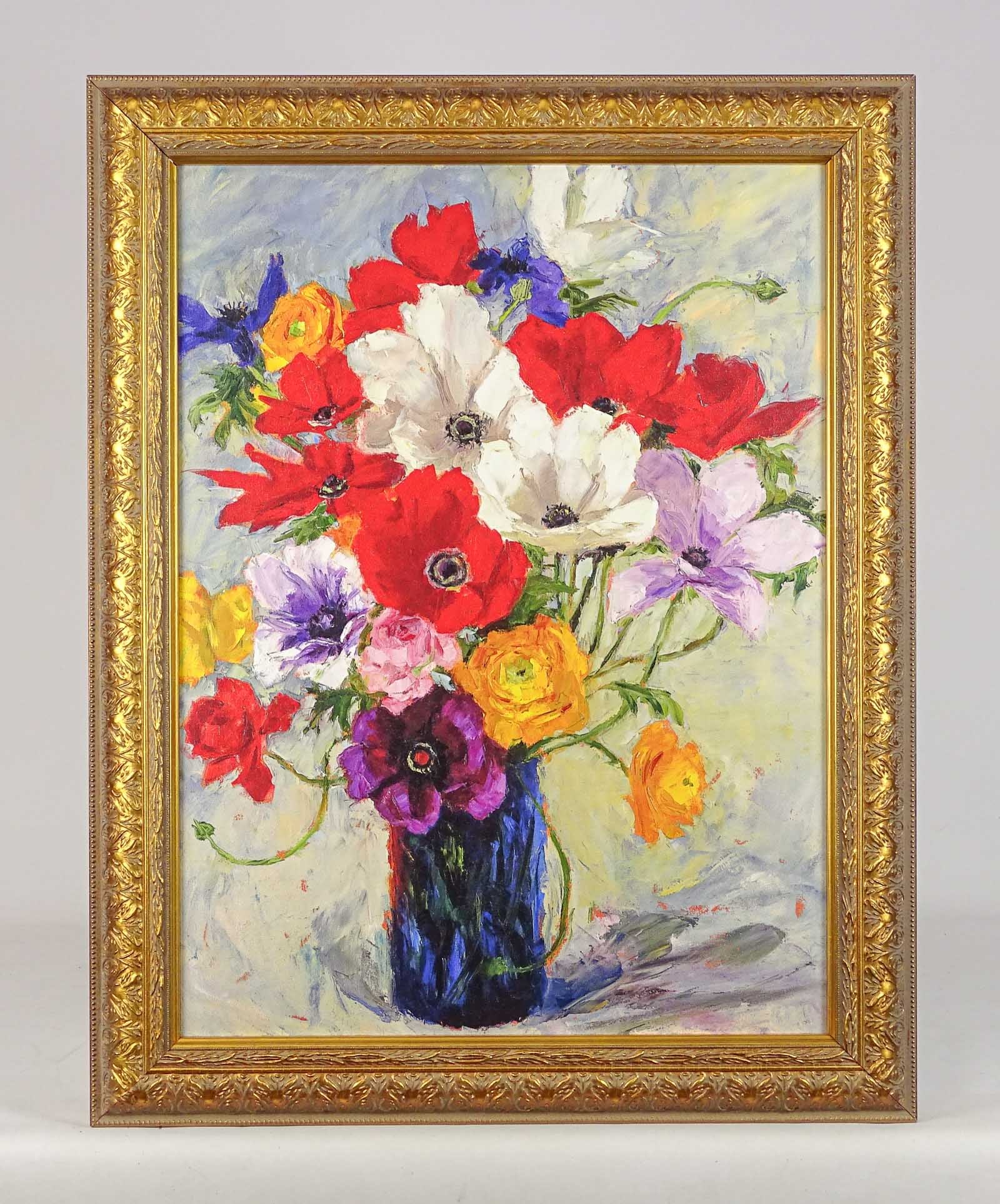 Painting: Still Life: Painting: Floral still life with vase. Unsigned with flowers. Overall 28 1/2" x 22 1/2'.