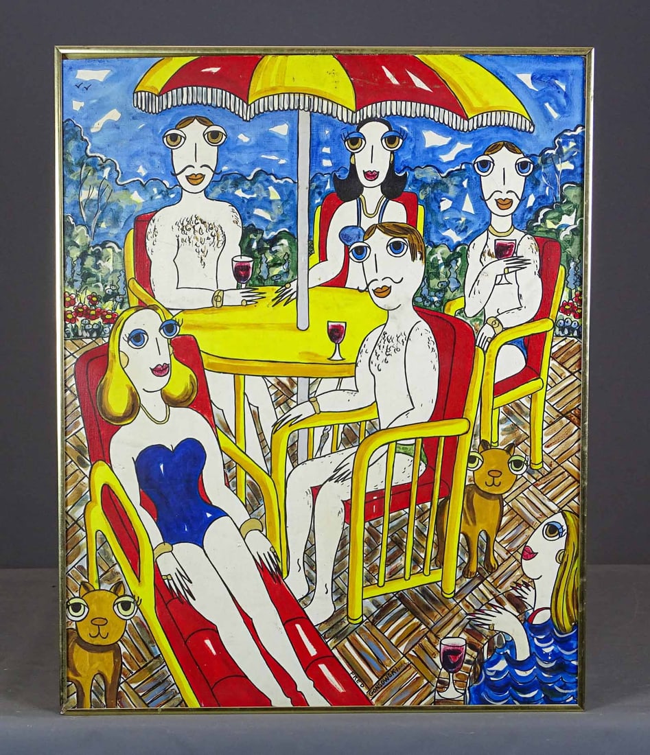 Painting: Fred Gansowski: Painting: Fred Gansowski "Pool Party", acrylic on masonite. Overall 30 1/4" x 24 1/4".