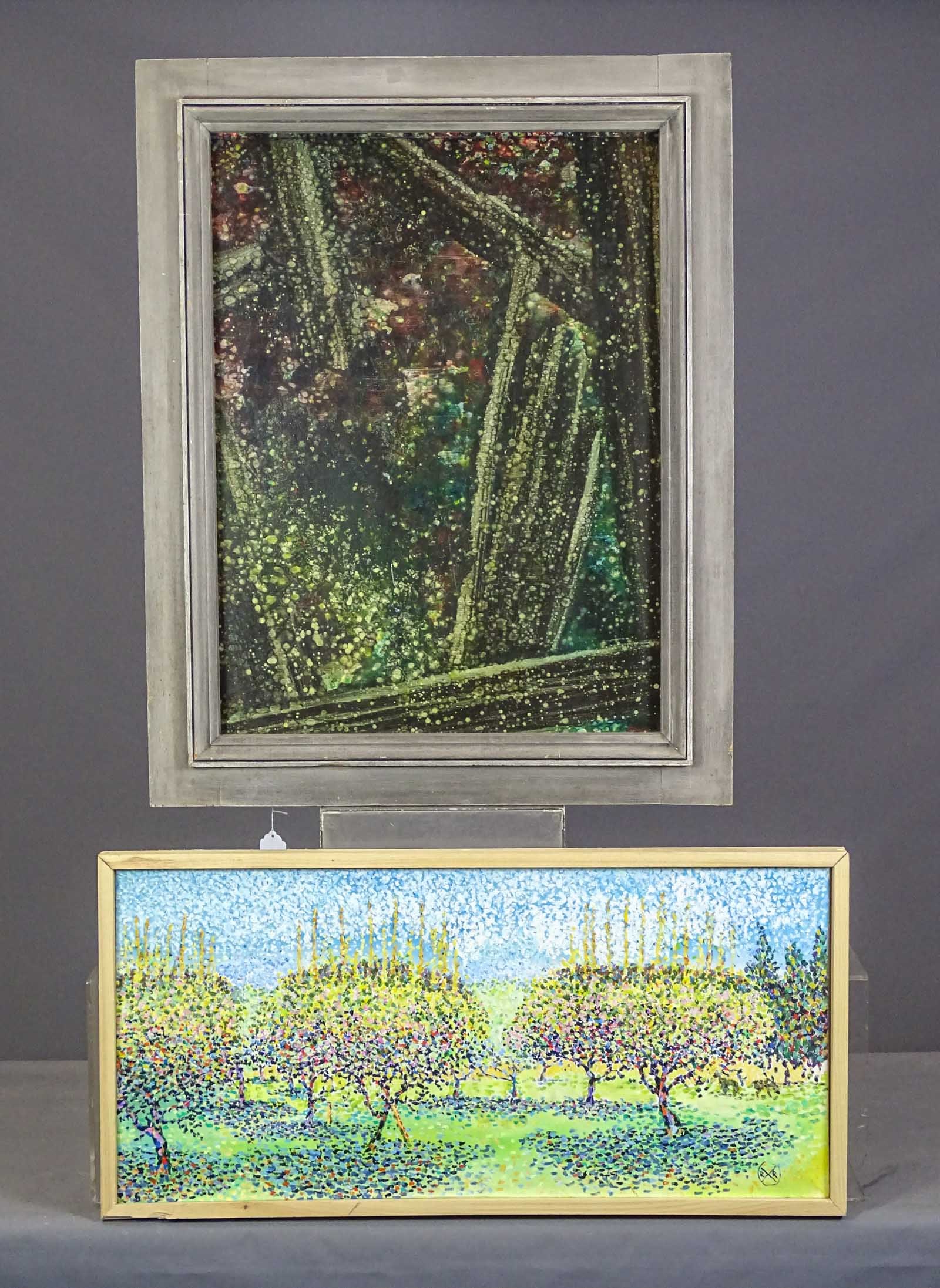 Artwork Lot: Original artwork lot including: Signed "R.R.", landscape, oil on canvas, frame 18 1/2" x 37 1/2", "Gyra" abstract Impressionist on masonite (38" x 30").