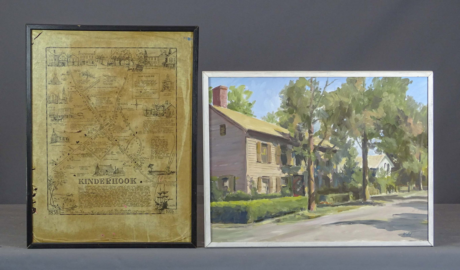 Kinderhook N.Y. Lot: Kinderhook N.Y. lot including: Frederick Voebel "A Street in Kinderhook" (41 Hudson), frame 19" x 25", map "Kinderhook 1838-1976), 24" x 18". As is.