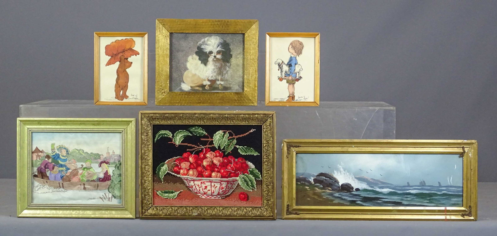 Misc. Artwork Lot: Misc. artwork lot including: Framed needlepoint (Bowl of Cherries), 11 1/2" x 14 1/2"), dog portrait "Pompon" (overall 9" x 11"), silk print in the style of Thomas Tegg, signed Judith Gasteniann (?),