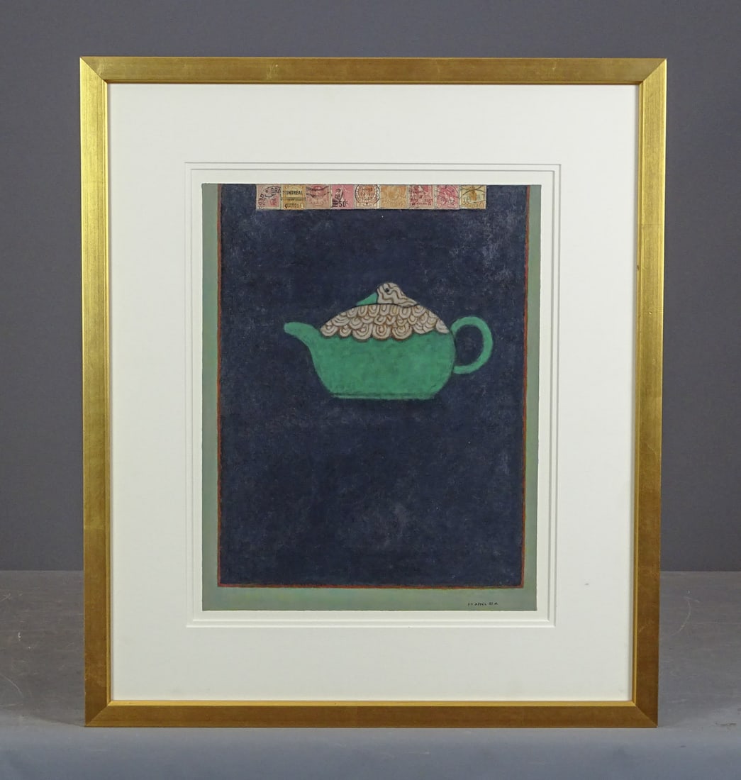 Artwork: F.T. Apfel: Artwork: F.T. Apfel (Fern T. Apfel), "Teapot with Stamps". Frame 22" x 19".