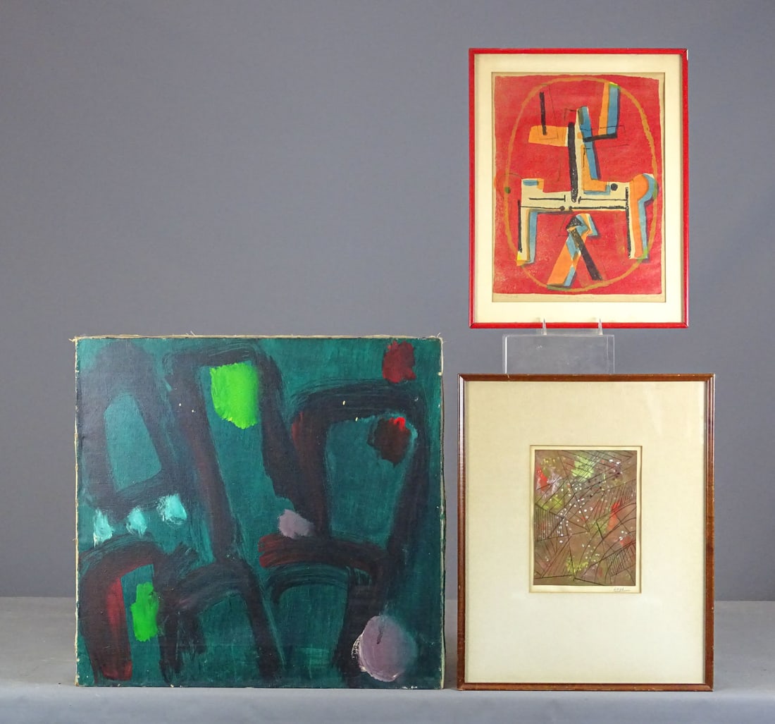 Artwork Lot: Modern art lot including: Paul Swedhoff "Search for New Connections", artist proof, frame 18 1/2" x 14 1/2", Leigh, abstract geometric print (frame 20 3/4" x 16 3/4"), abstract, oil on canvas