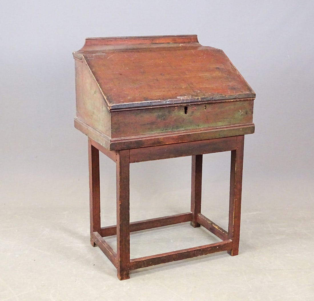 18th c. Desk: 18th c. desk on stand in old red paint. 28" x 18" 40" Ht..
