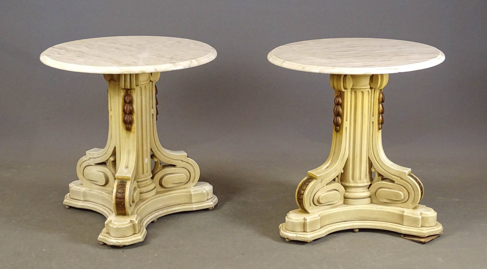 Pair of Marble Top Lamp Tables: Pair of vintage marble top lamp tables. 23" D., 24" Ht..