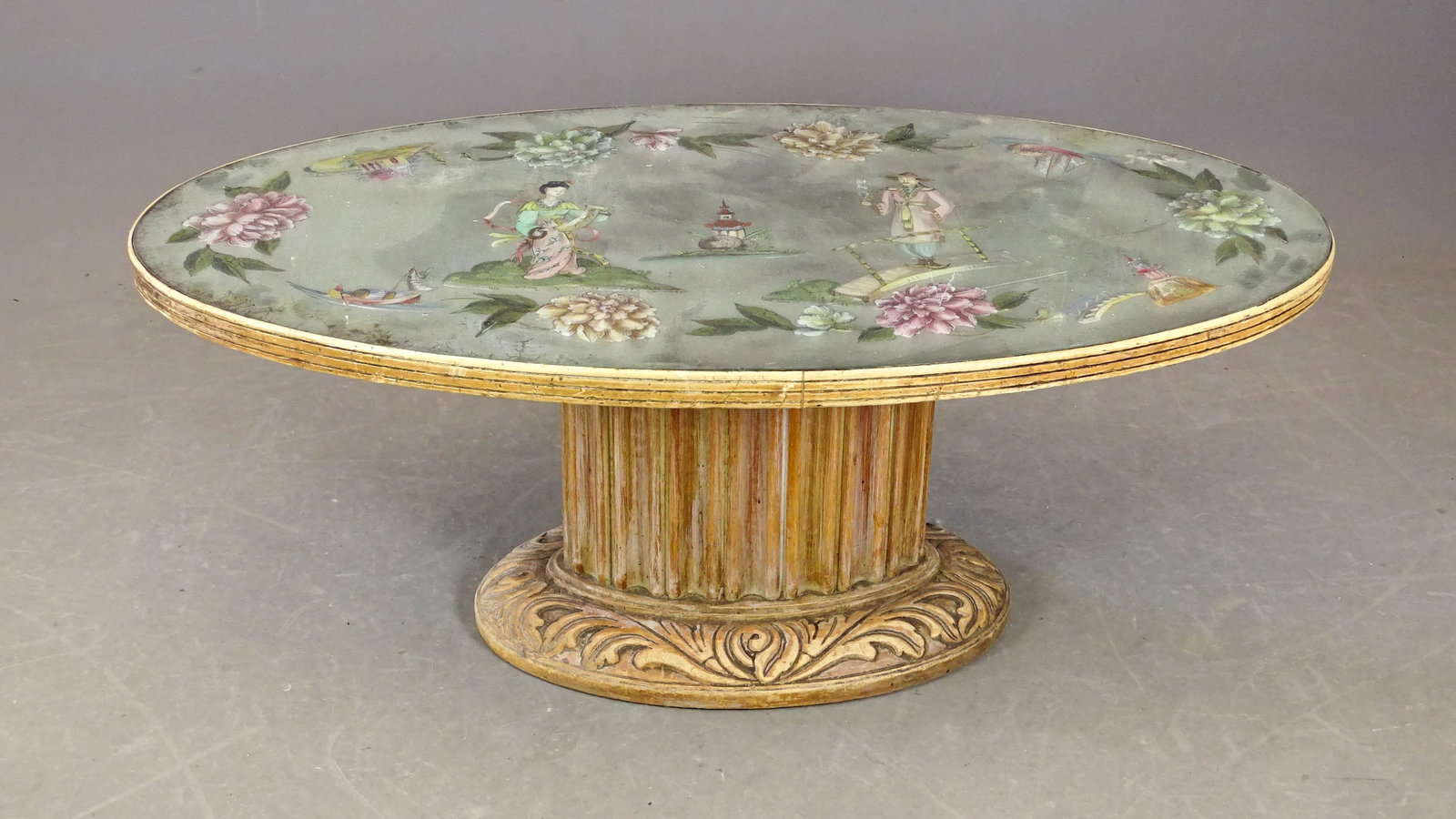 Vintage Mirrored Coffee Table: Vintage mirroed top coffee table. Asian subject decorated top. 47" x 21 1/2" x 19" Ht..