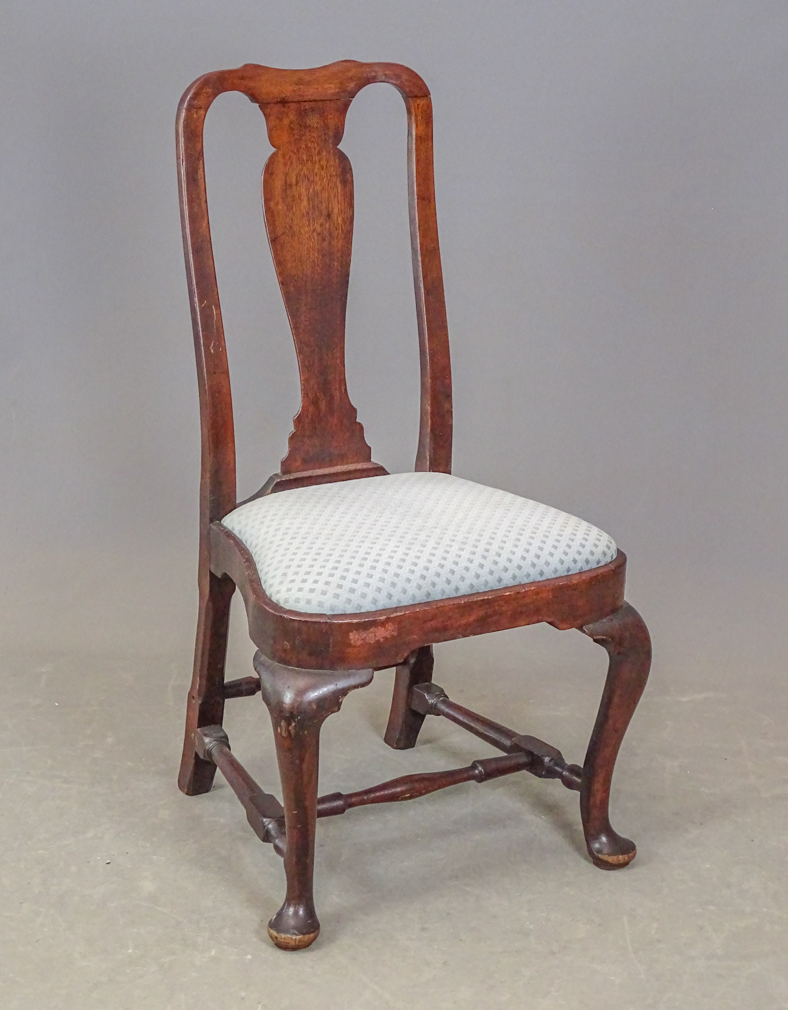 18th c. Queen Anne Chair: 18th c. Queene Anne chair with block stretchers. Slip seat. 19" seat Ht., 40" overall Ht..