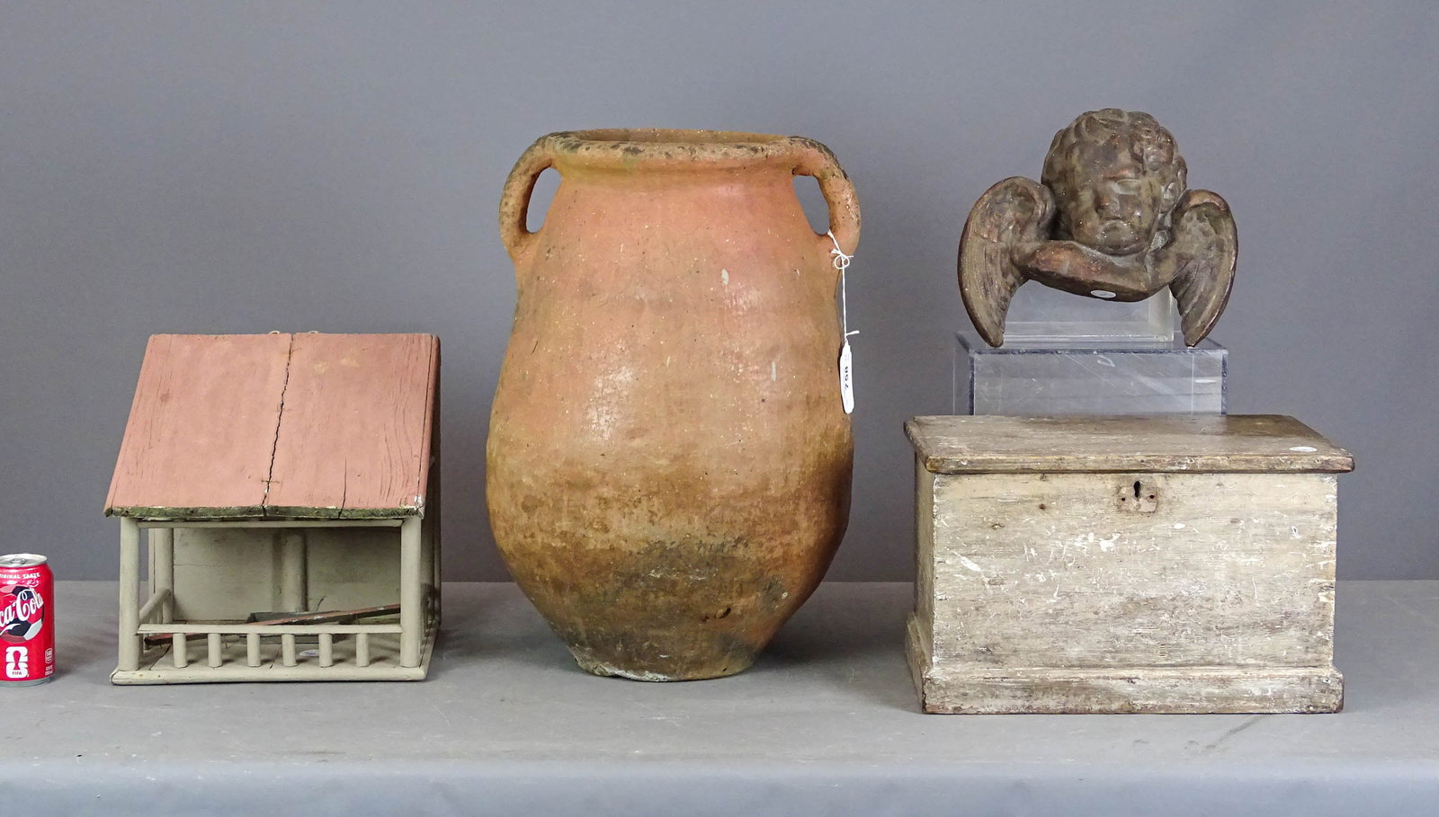 Large Redware Jar Lot: Lot including: Large redware jar with (2) handles (14" D., 22" Ht.), plaster Angel (11" x 9"), 19th c. document box (16" x 10" x 10"), birdhouse (12" x 9" x 15").