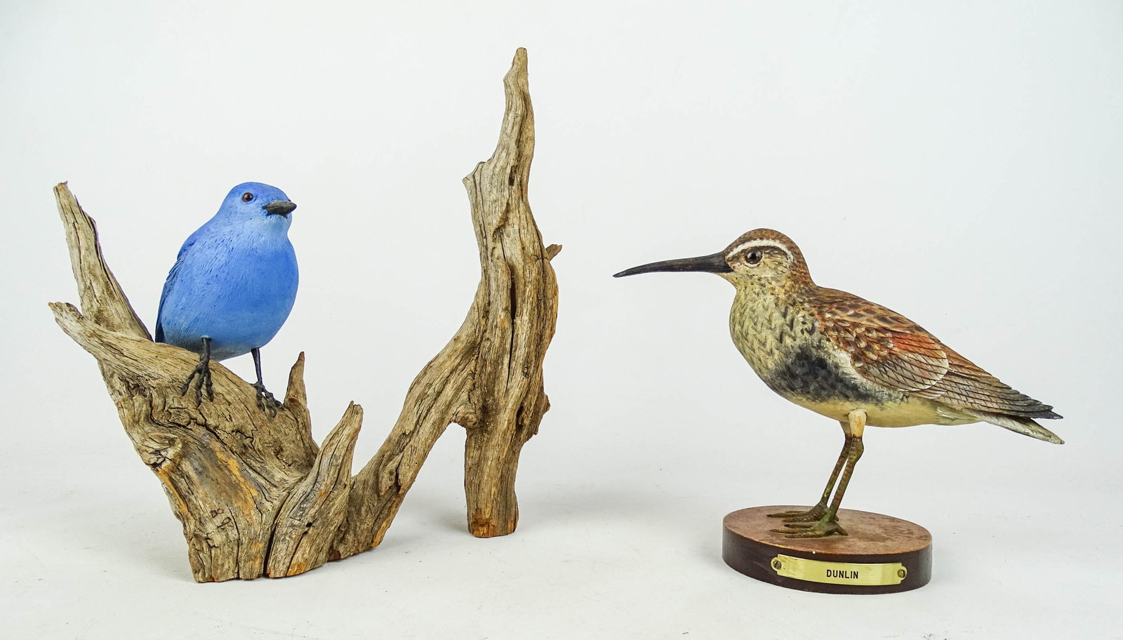 Bird Carvings: Lot (2) bird carvings including: "DUNLIN (W. BORDES), 7" Ht., the other unsigned (overall 9" W., 12" Ht.).