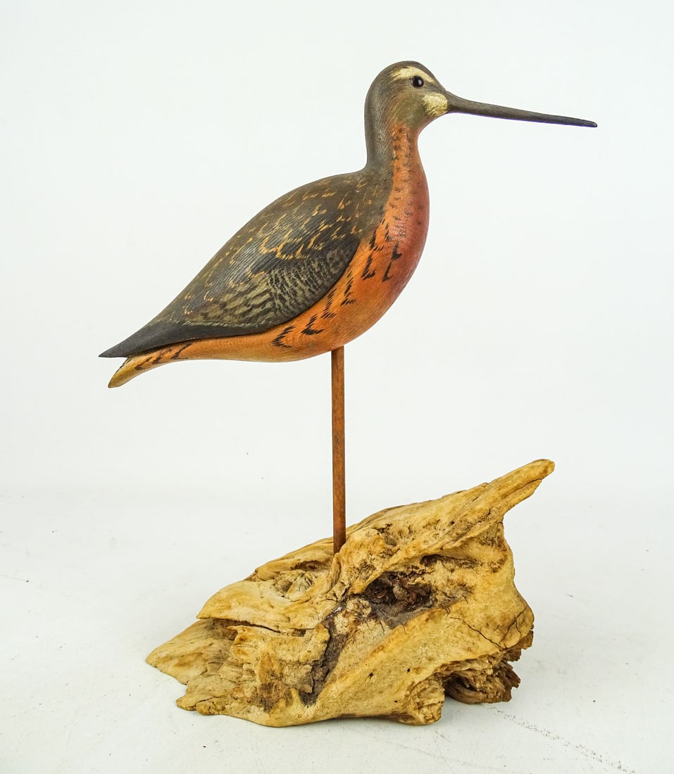 Shorebird: Carved and painted shorebird "John Barley Blue Point". Bird 11" L., 12" overall Ht. on base.