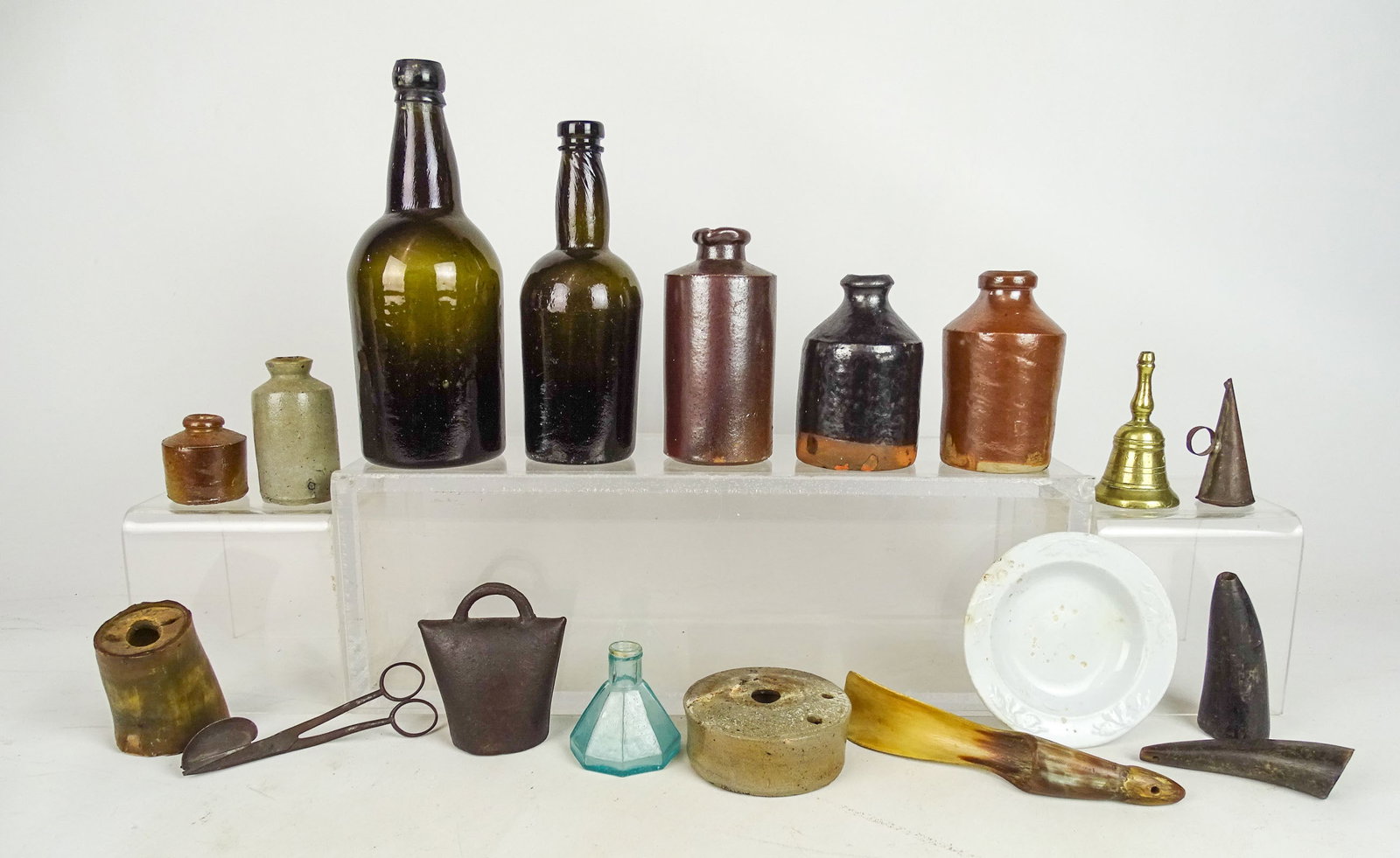Misc. Lot: Lot including: stoneware and glass inkwells, bottles (tallest 9 1/2" Ht.), horns, etc..