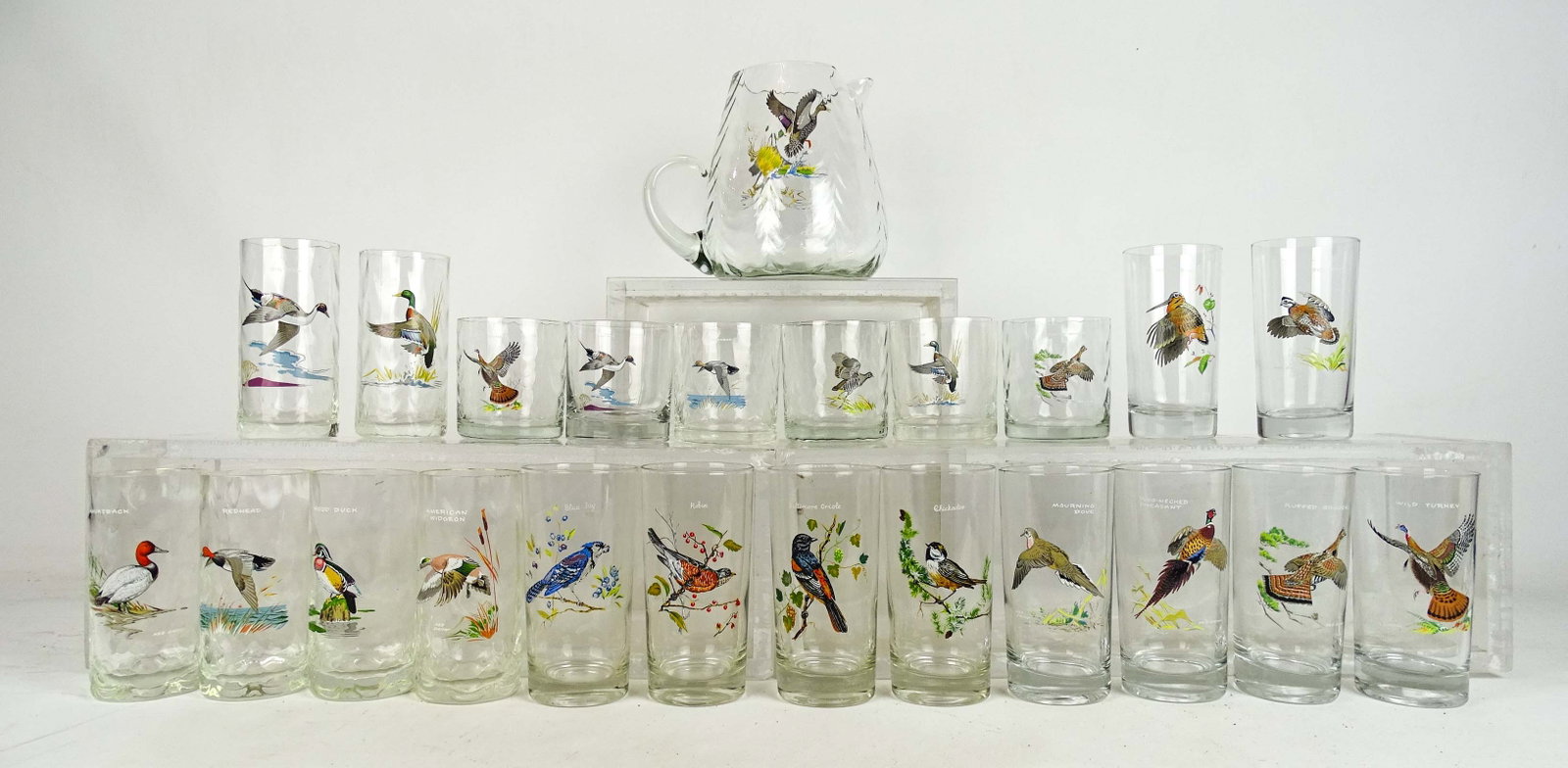 Hand Painted Glasses: Lot of hand painted drinking glasses and pitcher with birds.