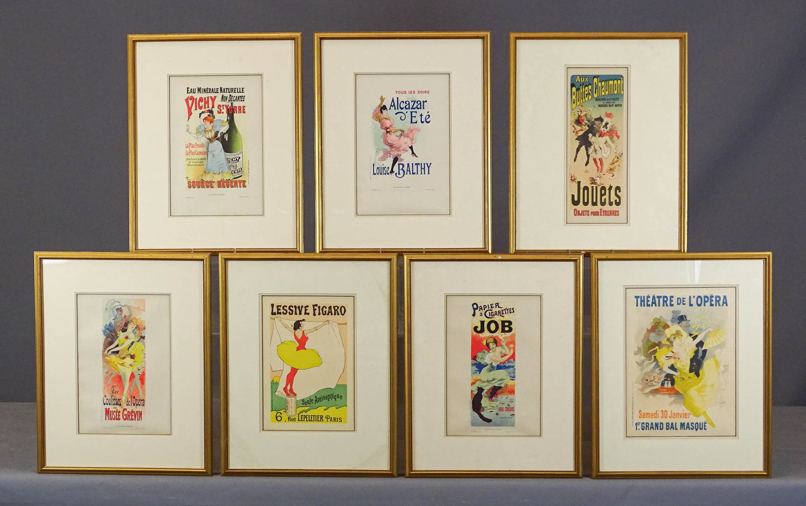 Set of French Prints: Set of (7) French advertising prints. Includes "LESSIVE FIGAR", PAPIER CIGARETTES JOB", "THEATRE DE L' OPERA", "AUX BUTTES CHAUMONT", "Alcazar C. Ete", "EUR MINERALE NATURELLE…", "LES Coulisses