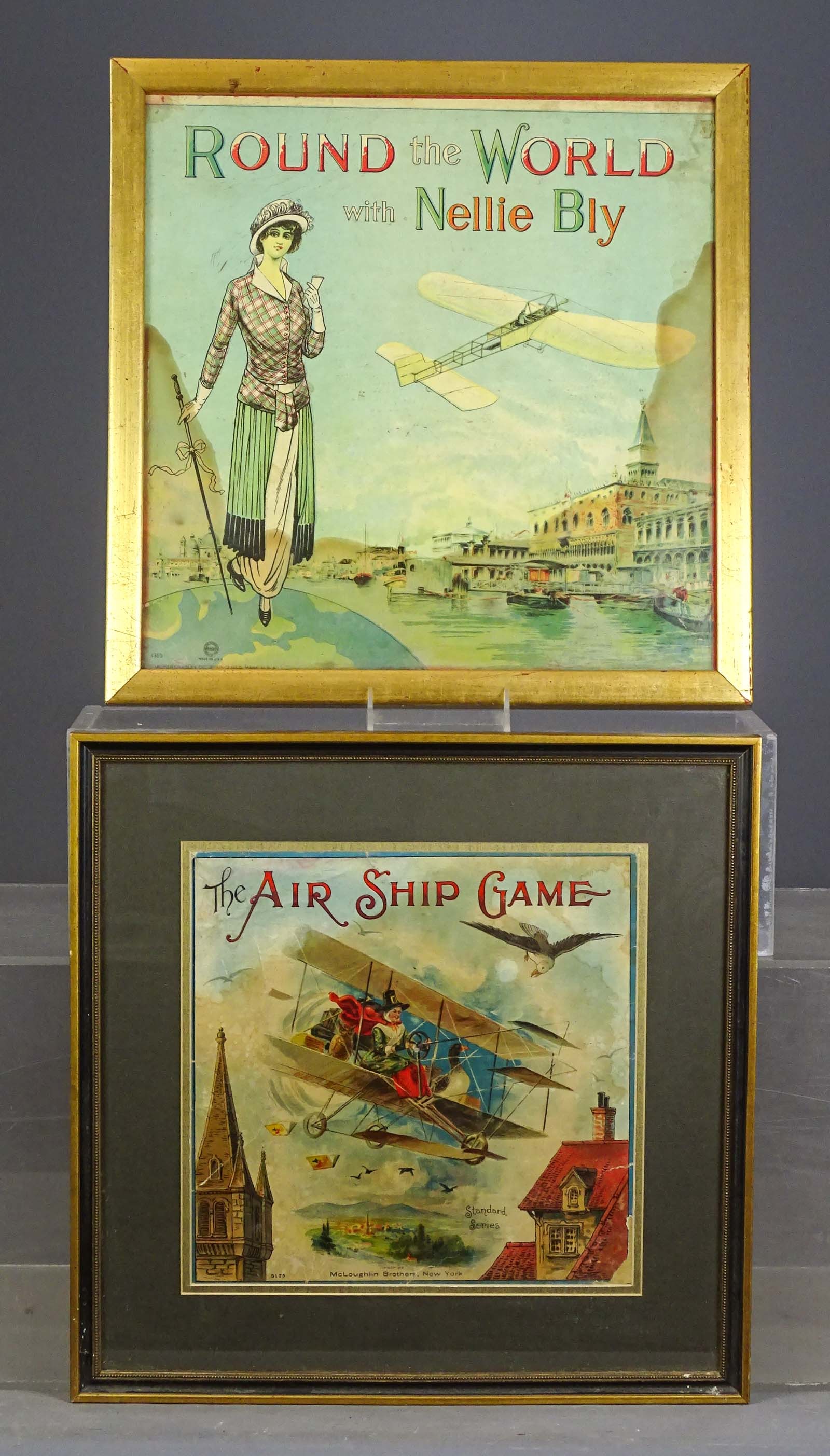 Two Framed Games: Lot (2) framed cardboard games "THE AIR SHIP GAME" and "ROUND the WORLD with NELLIT BLY" (largest overall 18" x 17 1/2").