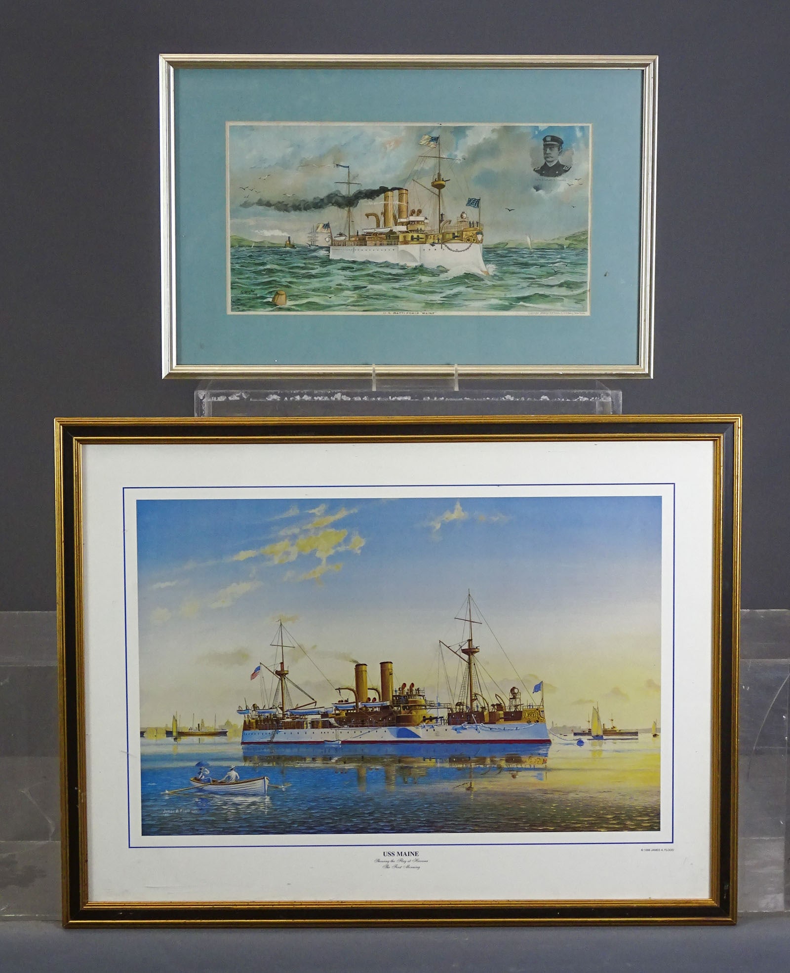 Print Lot: Lot (2) prints including: "USS MAINE…" (overall 23" x 30"), and "U.S. BATTLESHIP MAINE" (overall 14 1/2" x 22").