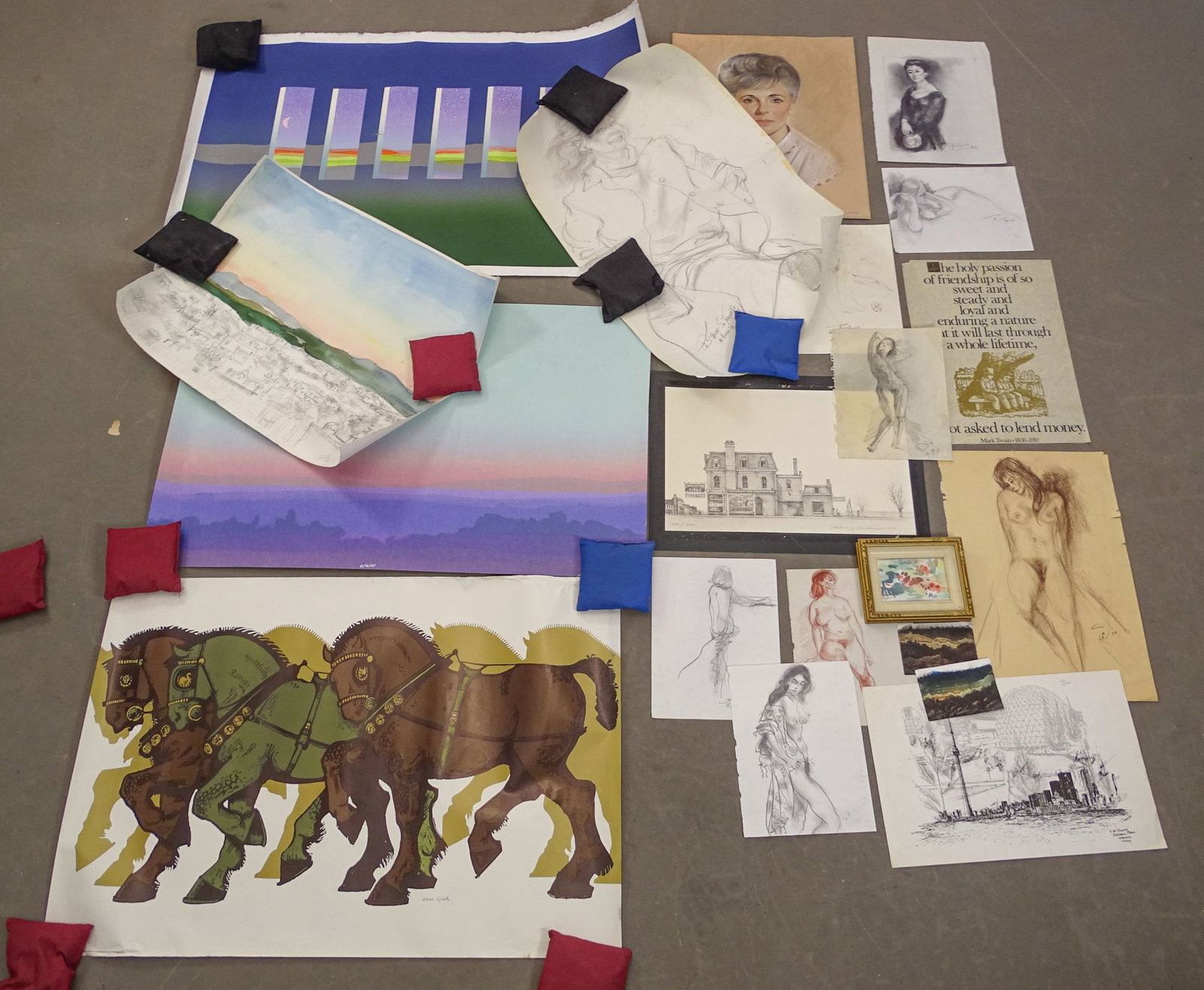Assorted Artwork Lot: Lot of assorted unframed artwork. Includes: Rob Anderson pencil signed litho (overall 15" x 19"), etc.. Along with framed watercolor signed Tom Hodgson, also posters, rolled art etc..