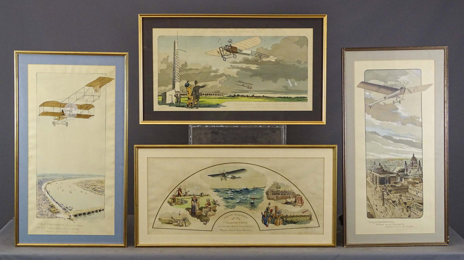 Print Lot: Lot (4) airplane prints including: "MEETING DE CHAMPAGNE…" (overall 21 1/2" x 36"), "CIRCUIT EUROPEEN" (overall 20" x 39"), "BERLIN-JOHANNISTHAL…" (overall 39" x 21"), "RAID PARIS-BORDEAUX