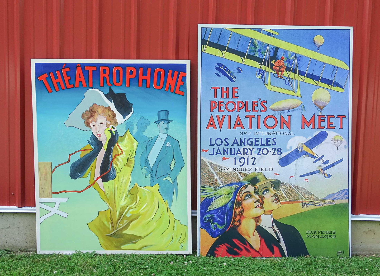 Large Posters: Lot including: Large contempoary poster "THE PEOPLE'S AVIATION MEET…" (73" x 48"), large French poster on canvas "THEATROPHUNE" (62" x 47 1/2").