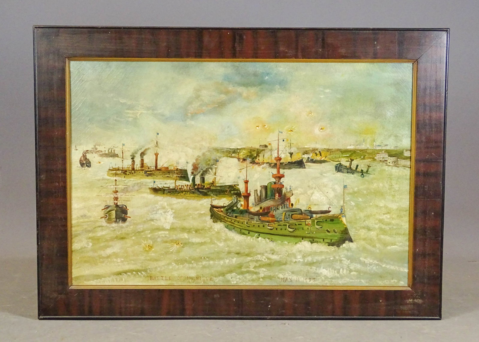 Painting: BATTLE OF MANILLA": Painting: "BATTLE OF MANILLA MAY 1st 1898". Oil on canvas. Overall in frame 30" x 42".
