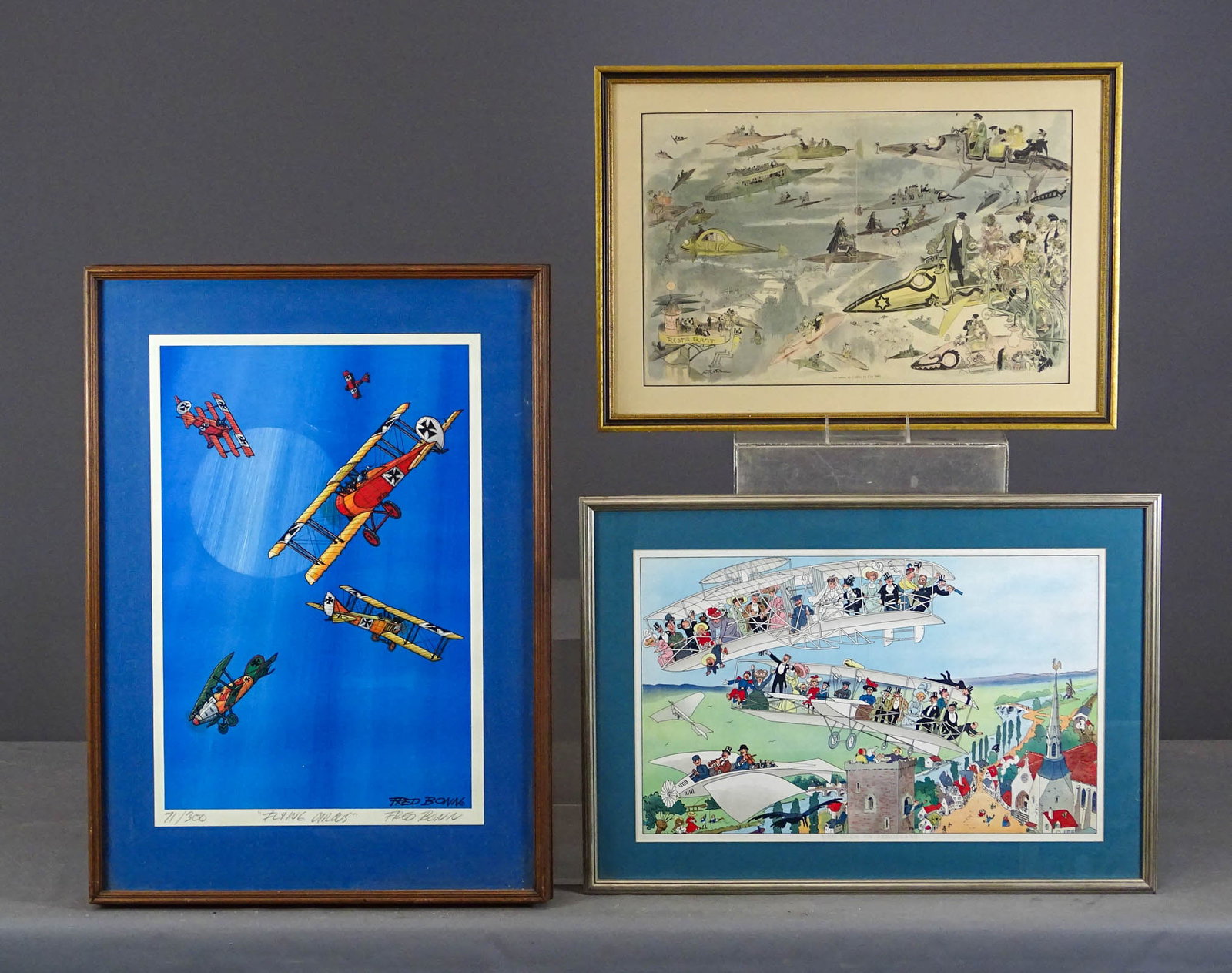 Print Lot: Print lot including: "LA SORTIE DE LA OPERA" (overall 17" x 24"), "UNE NCOE EN AEROPLANE" (overall 18 1/2" x 26"), signed print "FLYING CIRCUS" (Fred Bonn 71/300", overall 29" x 21").